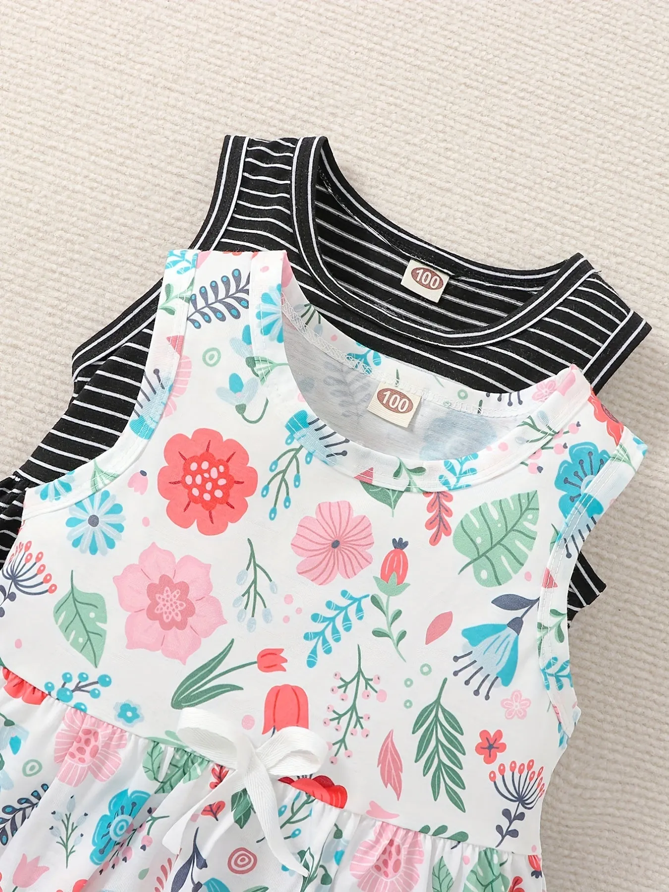 2-Piece Toddler Girls' Princess Dress Set - Sleeveless, Striped & Floral with Bow Detail - Perfect for Party, Beach & Summer