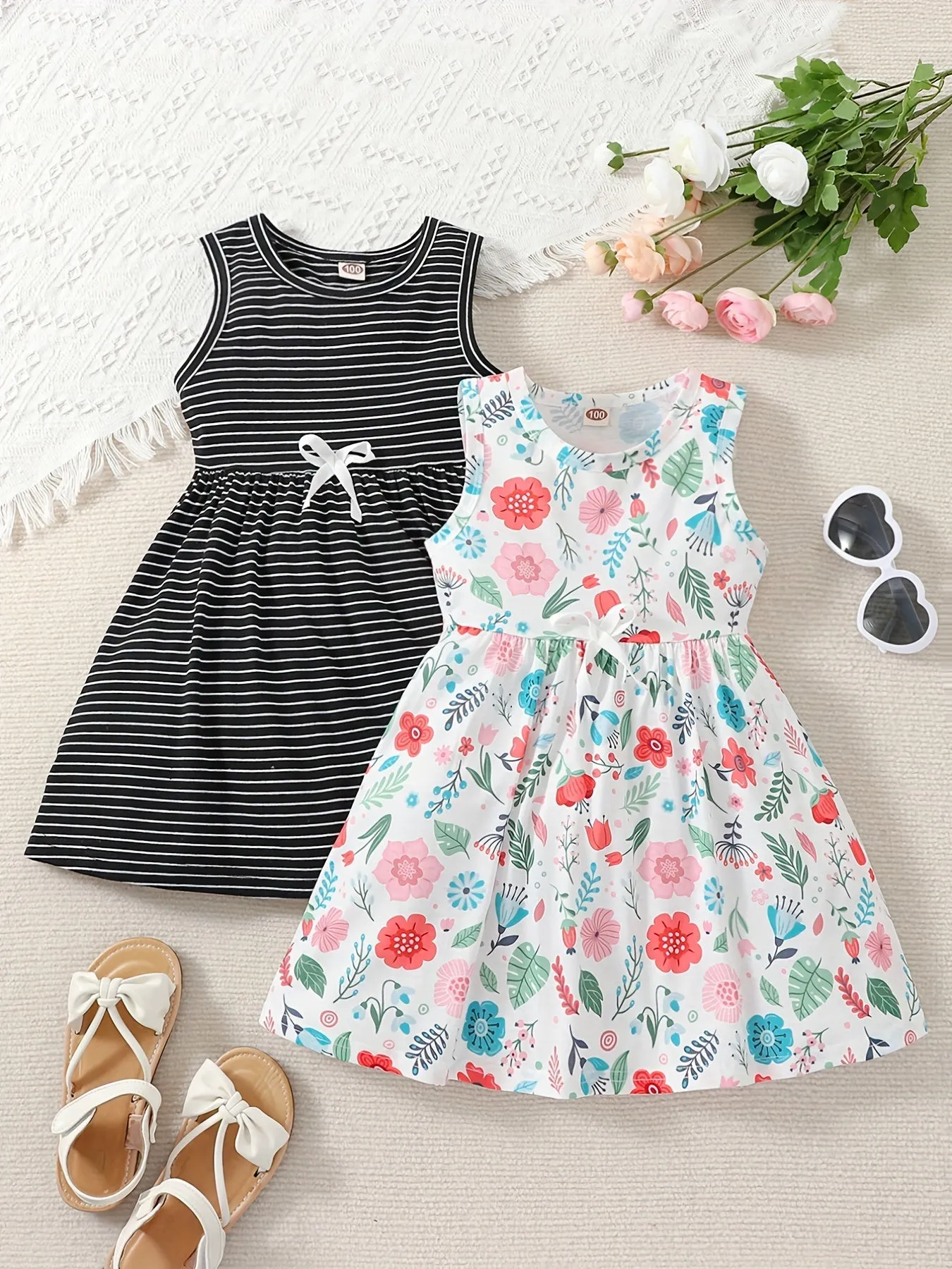 2-Piece Toddler Girls' Princess Dress Set - Sleeveless, Striped & Floral with Bow Detail - Perfect for Party, Beach & Summer