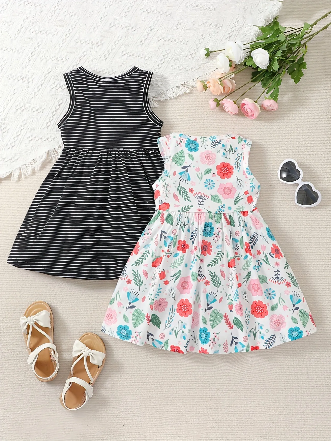 2-Piece Toddler Girls' Princess Dress Set - Sleeveless, Striped & Floral with Bow Detail - Perfect for Party, Beach & Summer