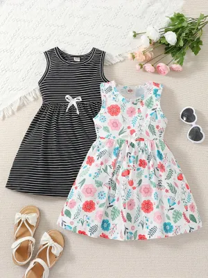 2-Piece Toddler Girls' Princess Dress Set - Sleeveless, Striped & Floral with Bow Detail - Perfect for Party, Beach & Summer