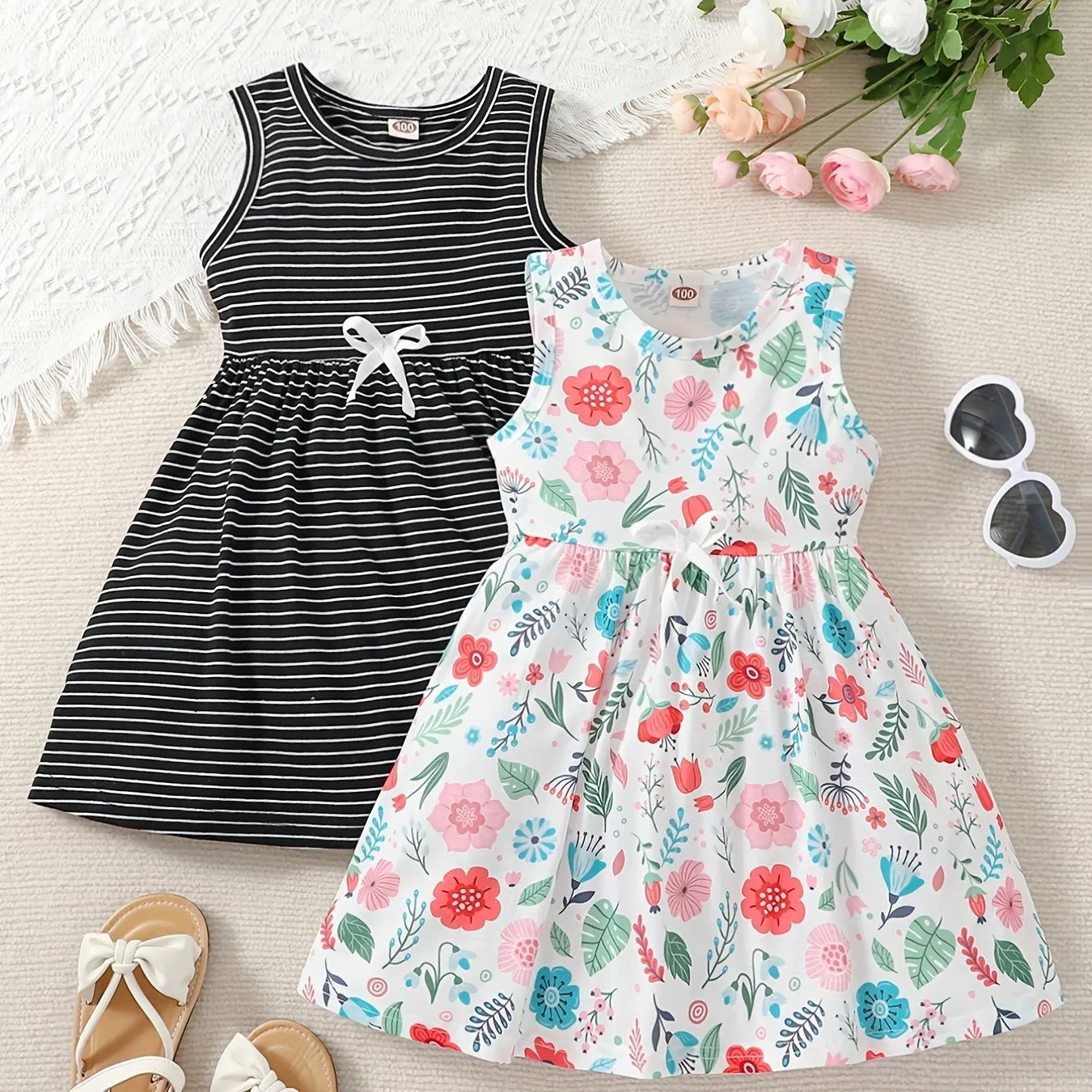 2-Piece Toddler Girls' Princess Dress Set - Sleeveless, Striped & Floral with Bow Detail - Perfect for Party, Beach & Summer