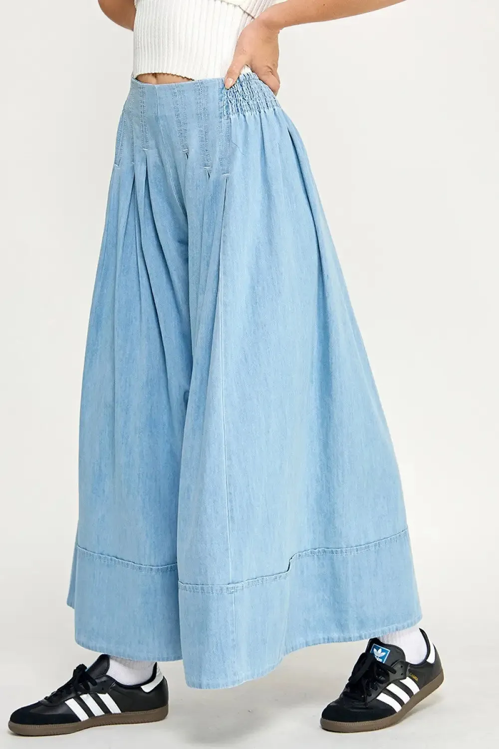 A LINE FLARED DENIM WIDE LEG PANTS