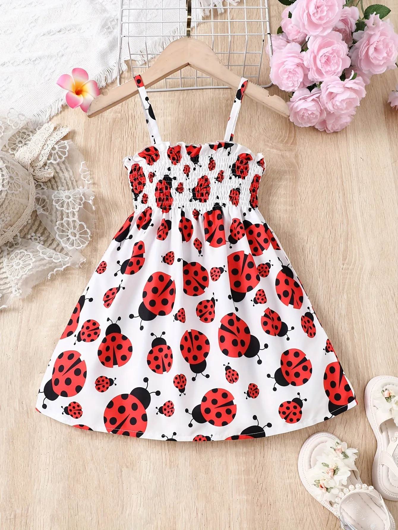Adorable Ladybug Print Sleeveless Slip Dress - Fashionable Party & Beach Wear for Ladies - Ideal Summer Vacation Style