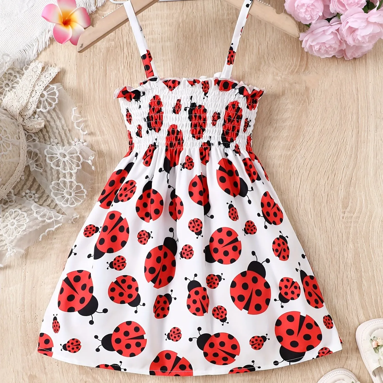 Adorable Ladybug Print Sleeveless Slip Dress - Fashionable Party & Beach Wear for Ladies - Ideal Summer Vacation Style