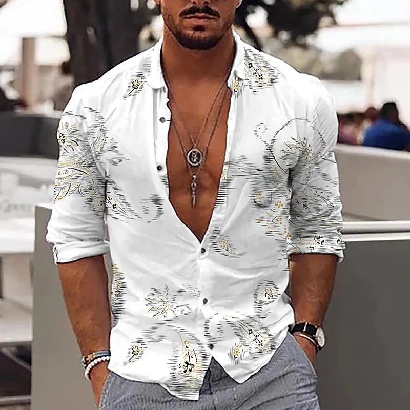 Aloha Floral White Shirt for Men - Casual Slim Fit Long Sleeve Button-Down with Sporty Cuffs