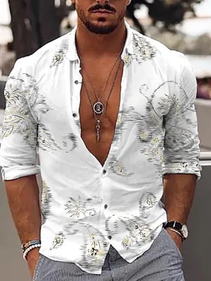Aloha Floral White Shirt for Men - Casual Slim Fit Long Sleeve Button-Down with Sporty Cuffs