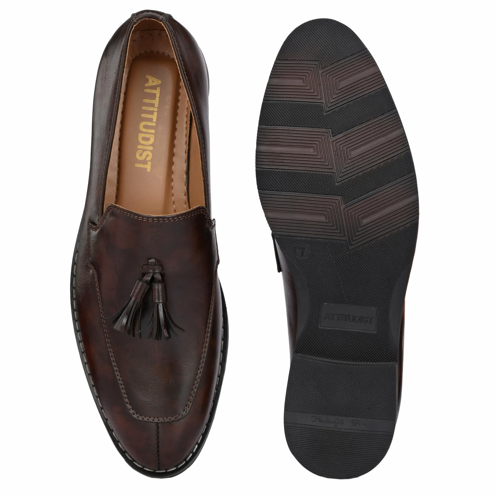 Attitudist Unisex Handcrafted Brown Plain Tassel Loafer With Double Stitched Vamp