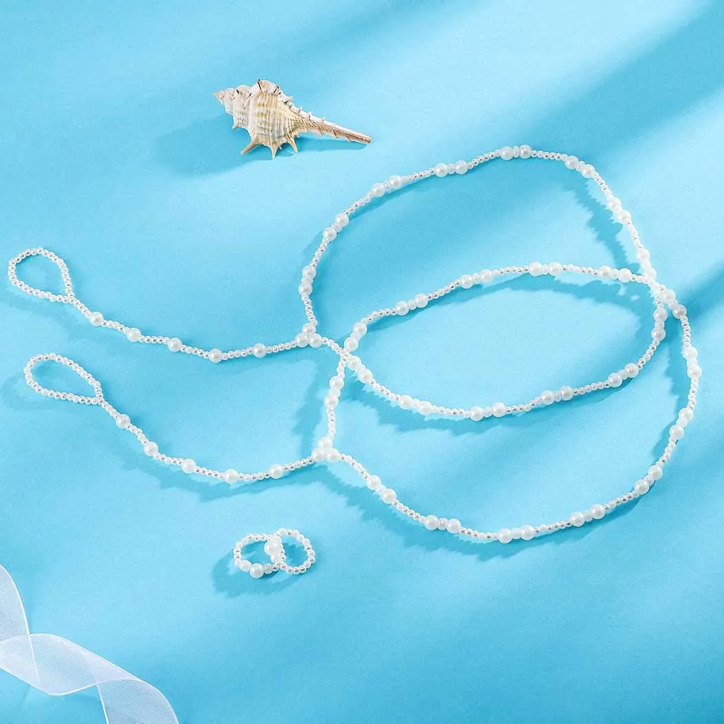 Aularso Wedding Anklets Pearl Barefoot Sandals Rope Ankle Bracelets Ring Foot Chain Beach Feet Jewelry for Women and Girls( 2PCS)