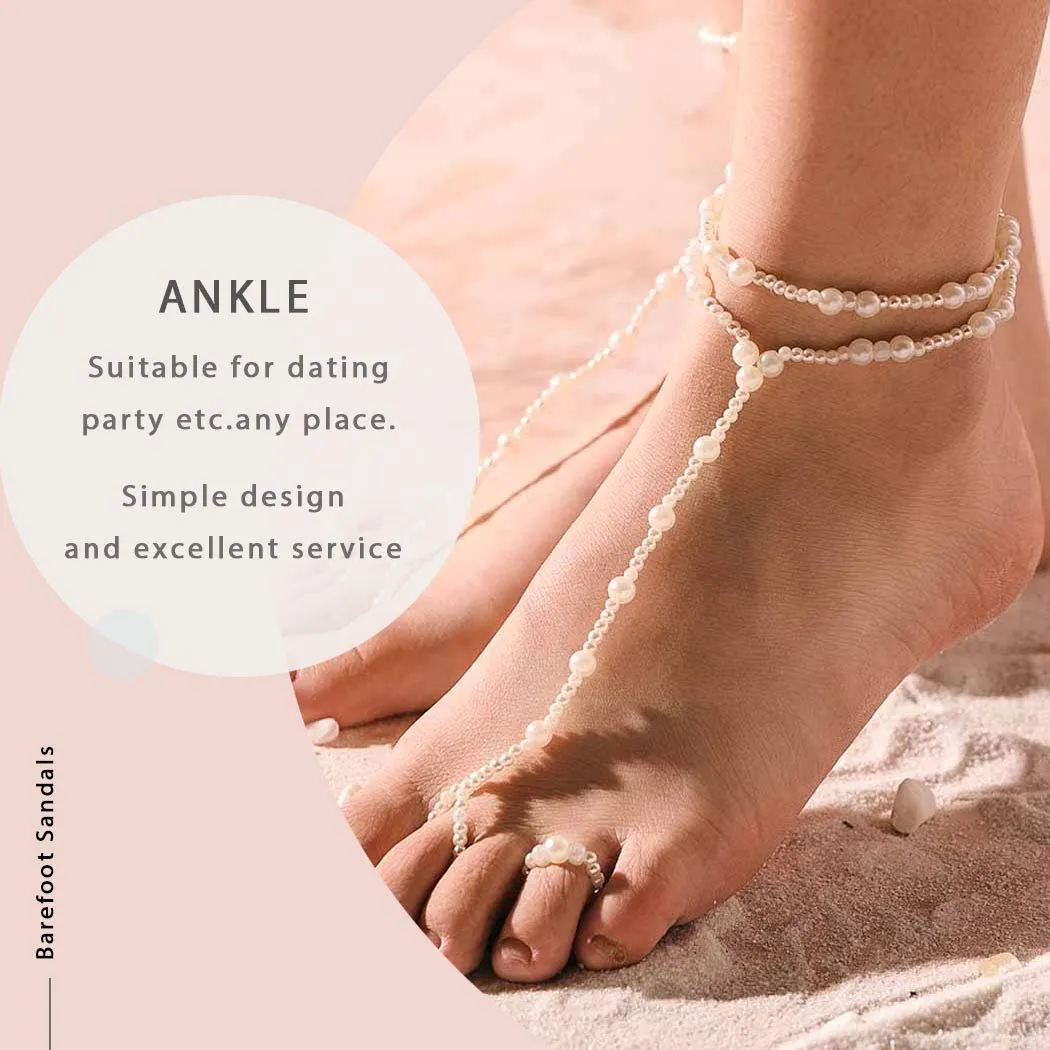 Aularso Wedding Anklets Pearl Barefoot Sandals Rope Ankle Bracelets Ring Foot Chain Beach Feet Jewelry for Women and Girls( 2PCS)