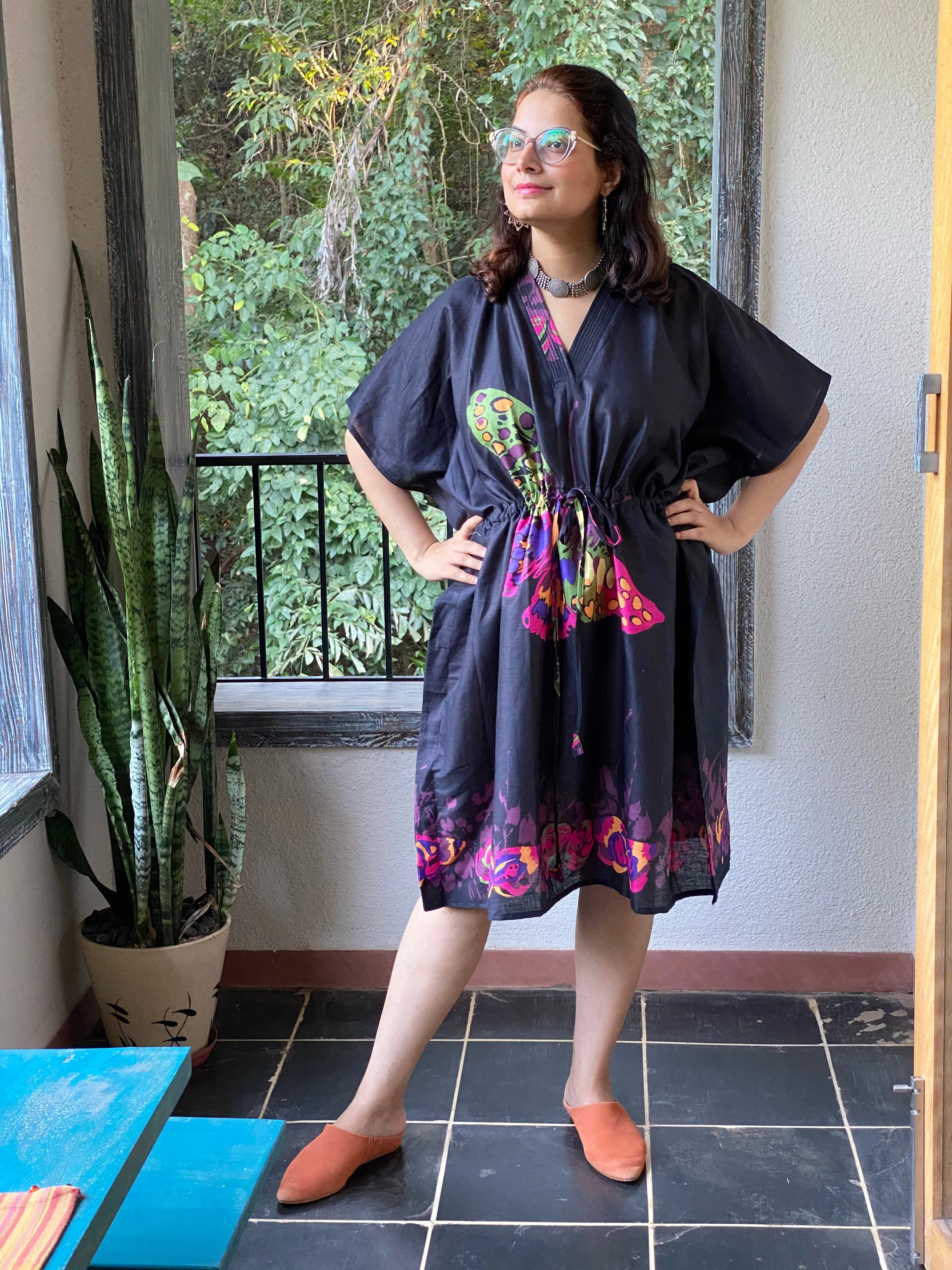 Big Butterfly V-Neck, Knee Length, Cinched Waist Caftan