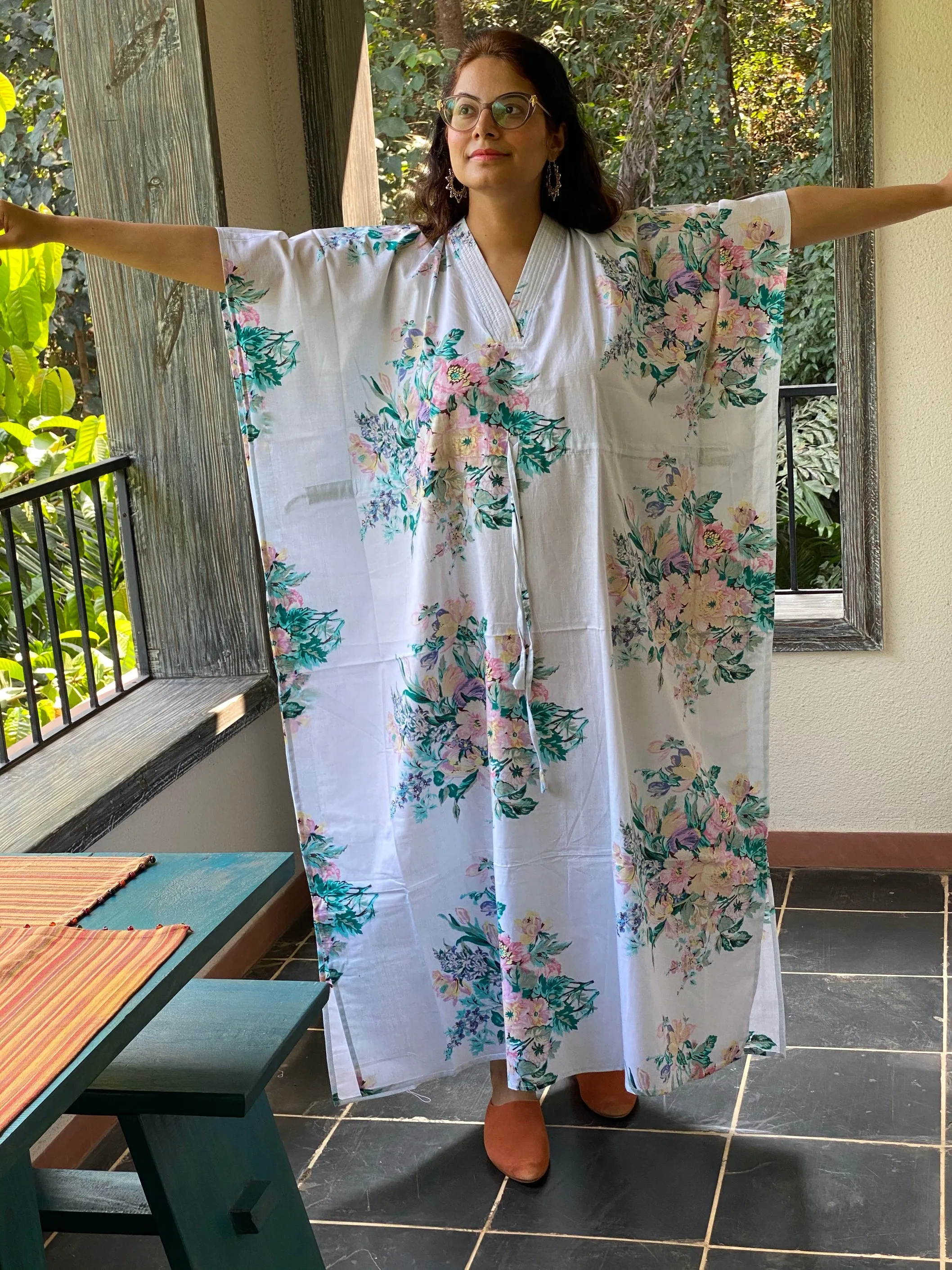 Blooming Flowers V-Neck, Cinched Waist Ankle Length Caftan