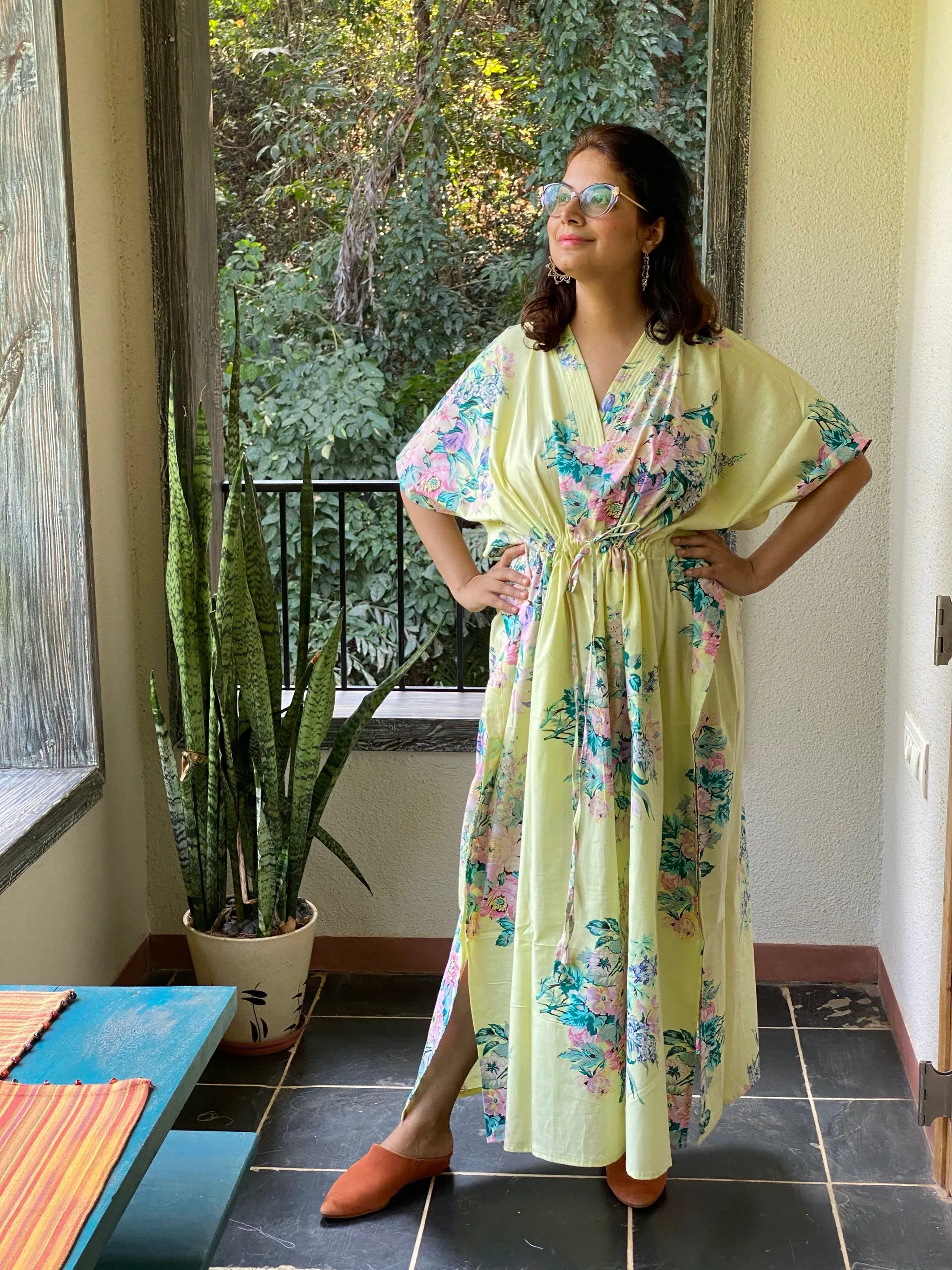 Blooming Flowers V-Neck, Cinched Waist Ankle Length Caftan