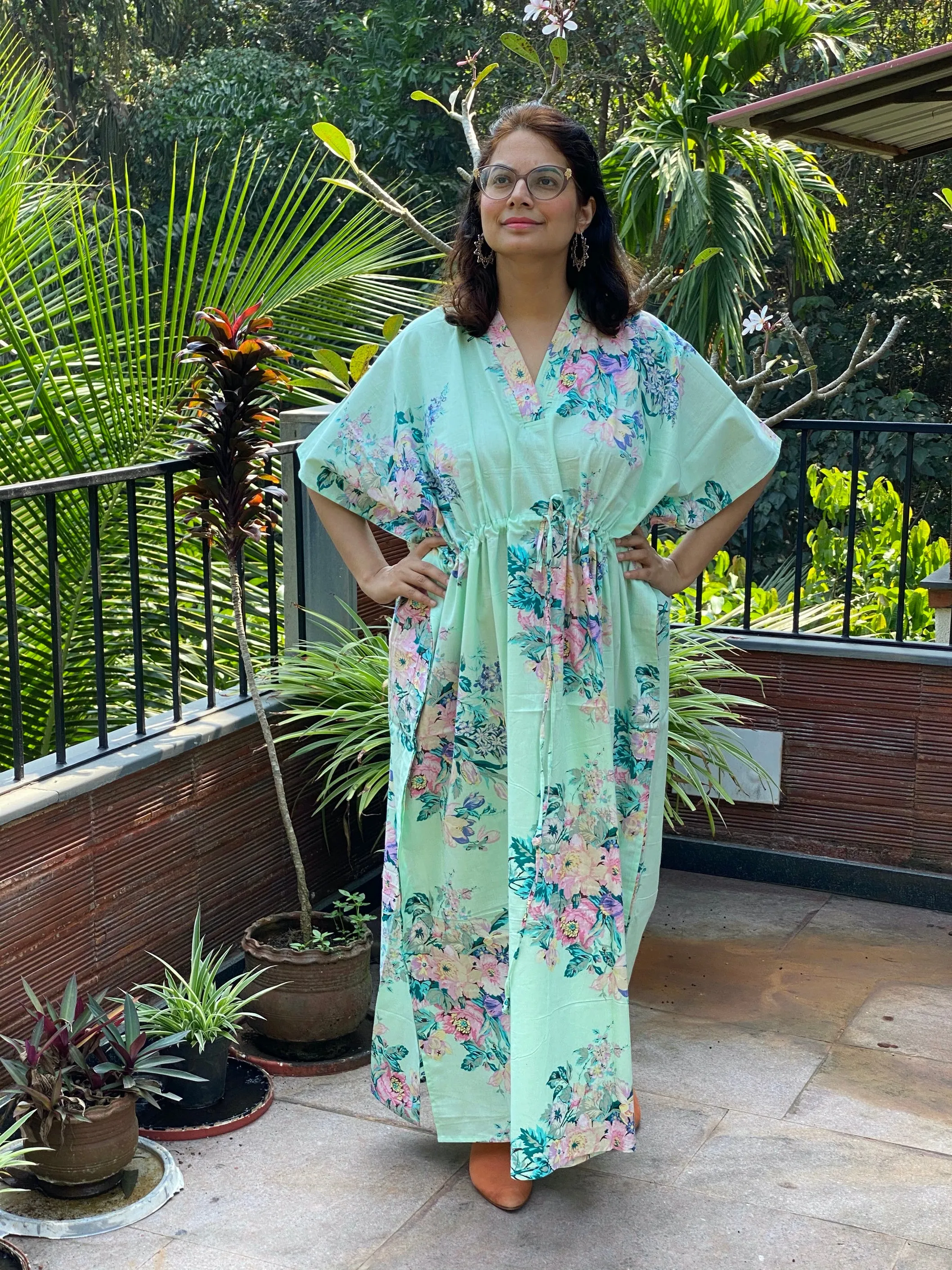 Blooming Flowers V-Neck, Cinched Waist Ankle Length Caftan