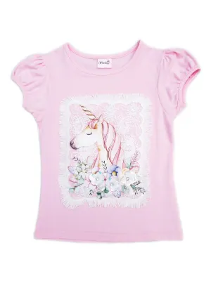 Girls Pink Unicorn Framed Applique Short Sleeved T-Shirt 9M-8