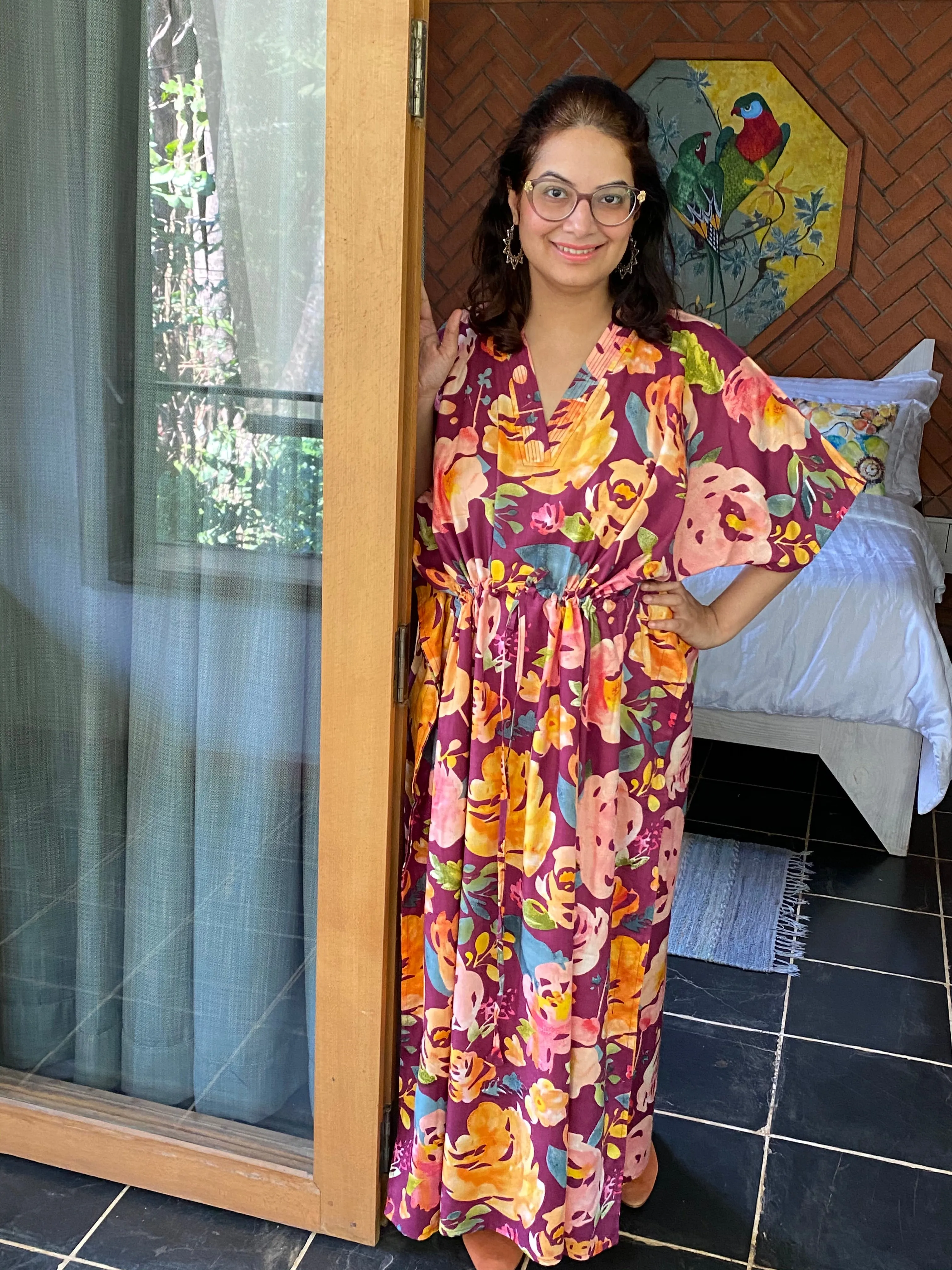 Her Petal Garden V-Neck, Cinched Waist Ankle Length Caftan