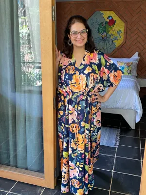 Her Petal Garden V-Neck, Cinched Waist Ankle Length Caftan