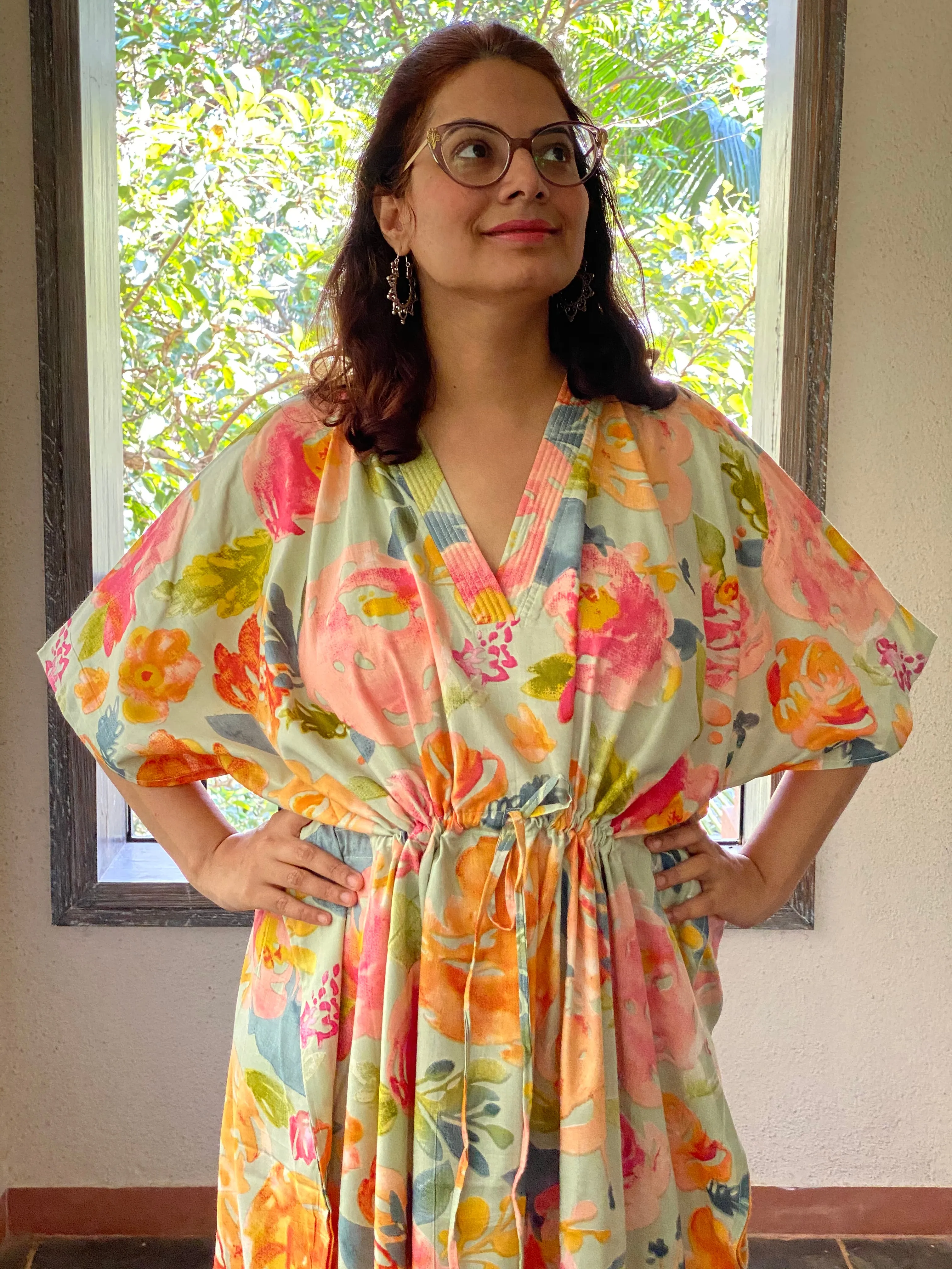 Her Petal Garden V-Neck, Cinched Waist Ankle Length Caftan