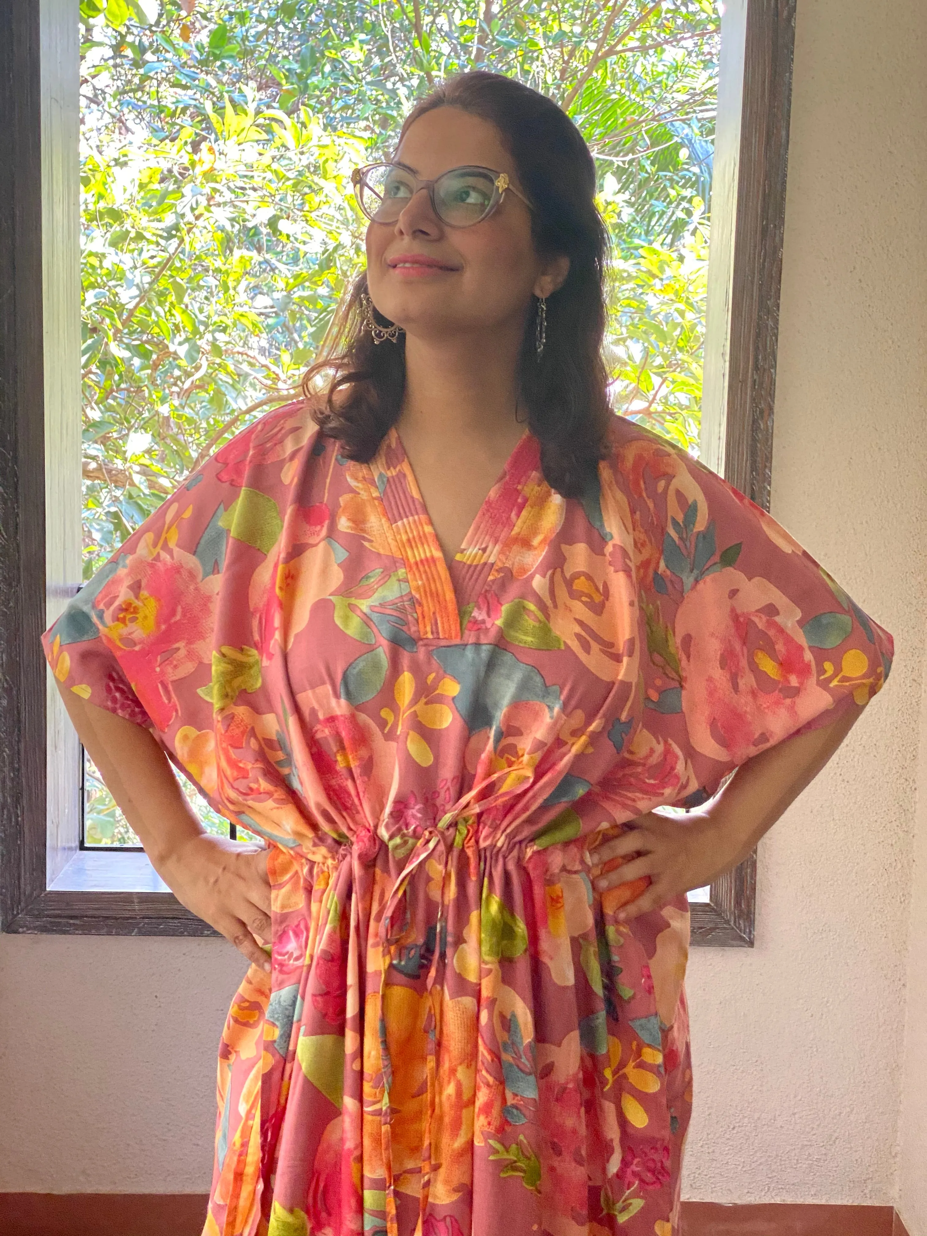 Her Petal Garden V-Neck, Cinched Waist Ankle Length Caftan