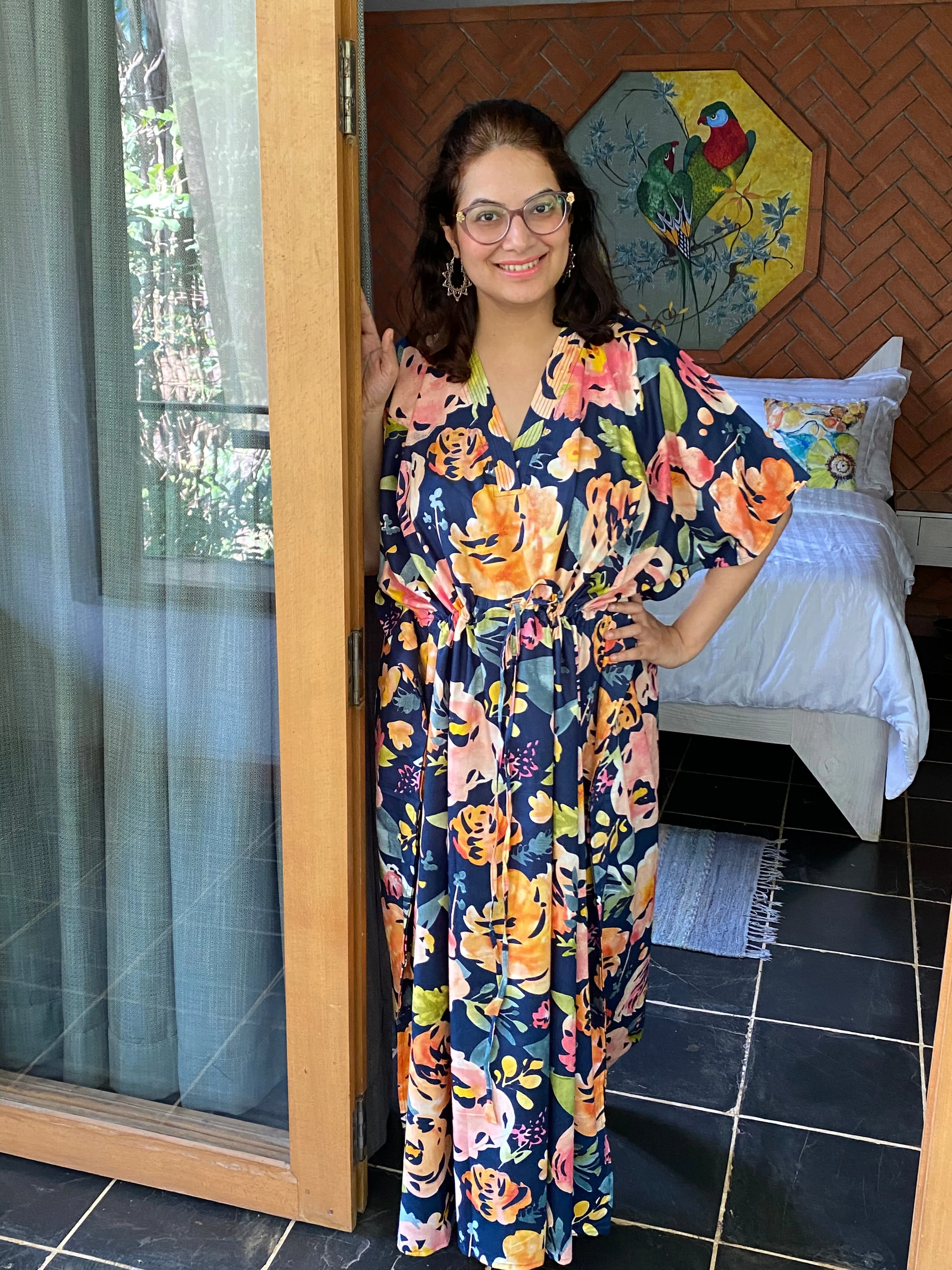 Her Petal Garden V-Neck, Cinched Waist Ankle Length Caftan