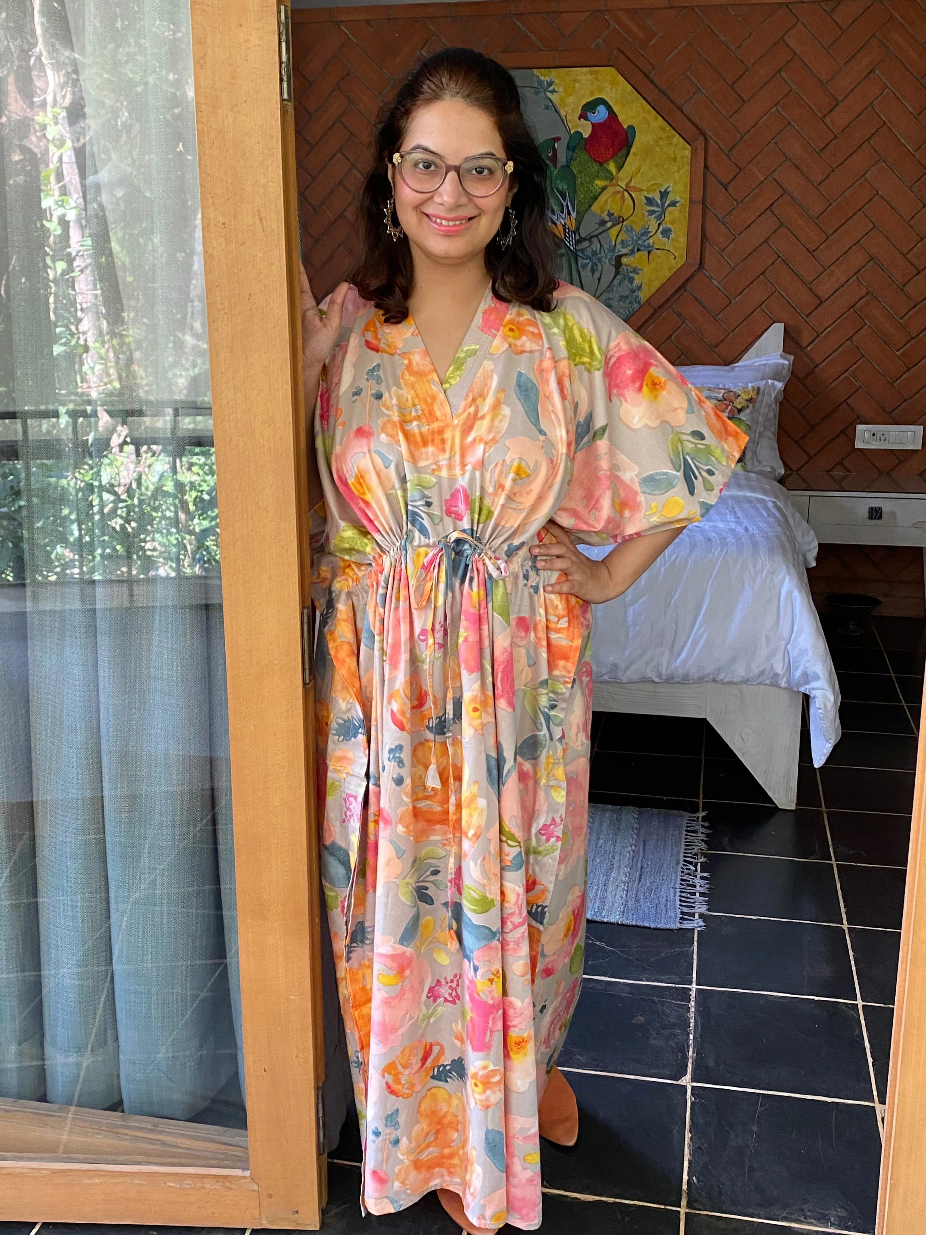 Her Petal Garden V-Neck, Cinched Waist Ankle Length Caftan