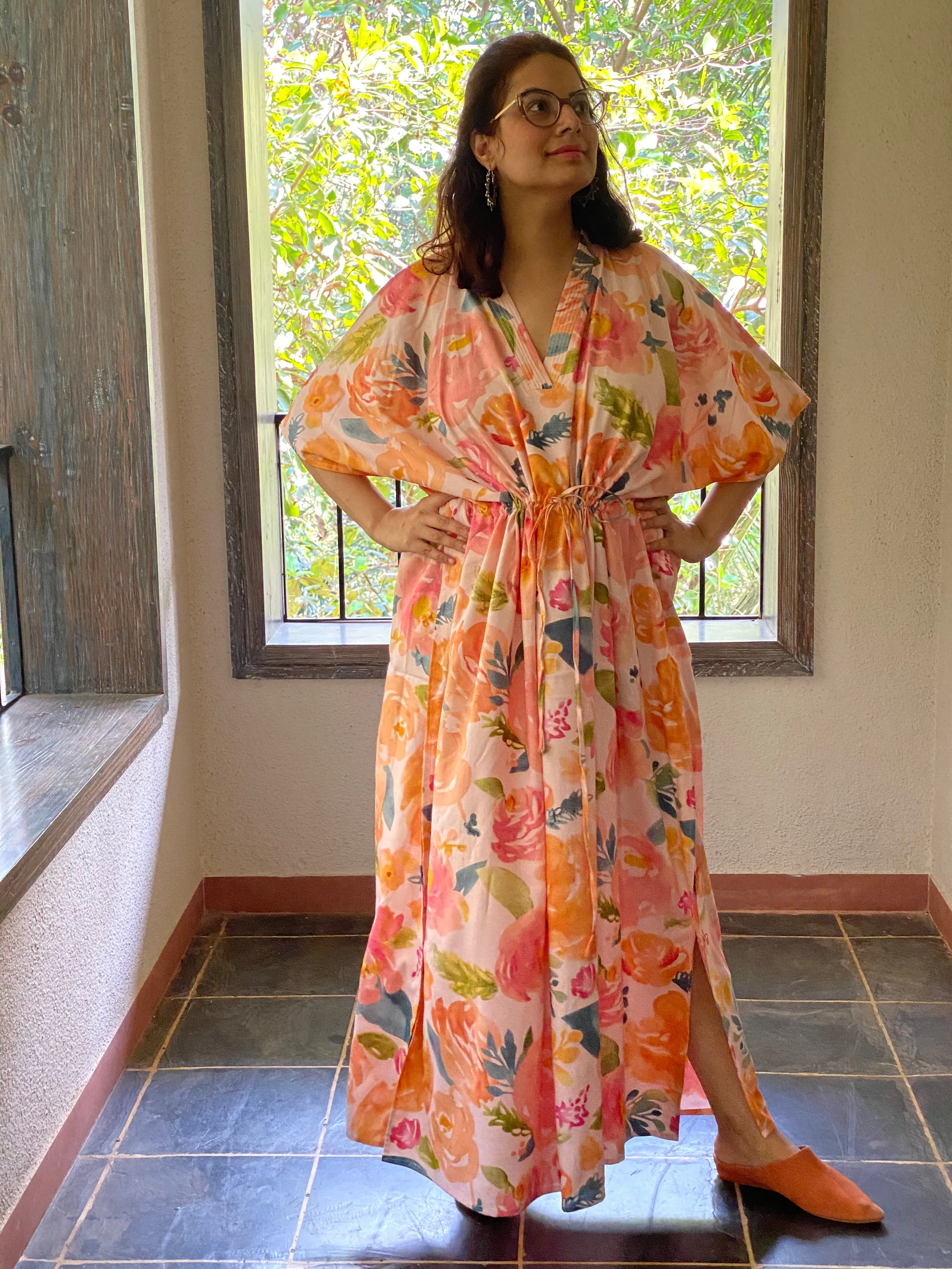 Her Petal Garden V-Neck, Cinched Waist Ankle Length Caftan