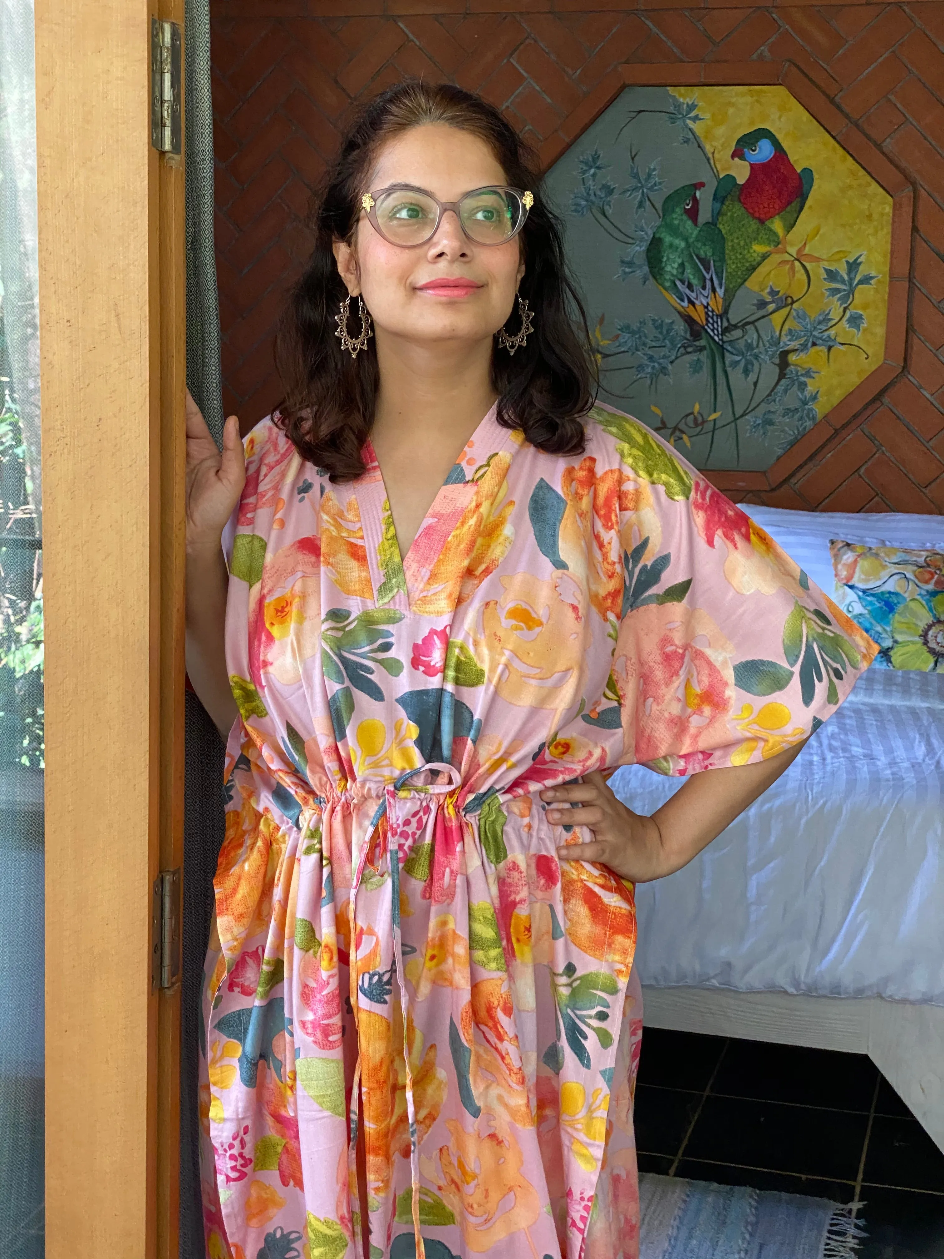 Her Petal Garden V-Neck, Cinched Waist Ankle Length Kaftan