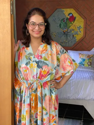 Her Petal Garden V-Neck, Cinched Waist Ankle Length Kaftan