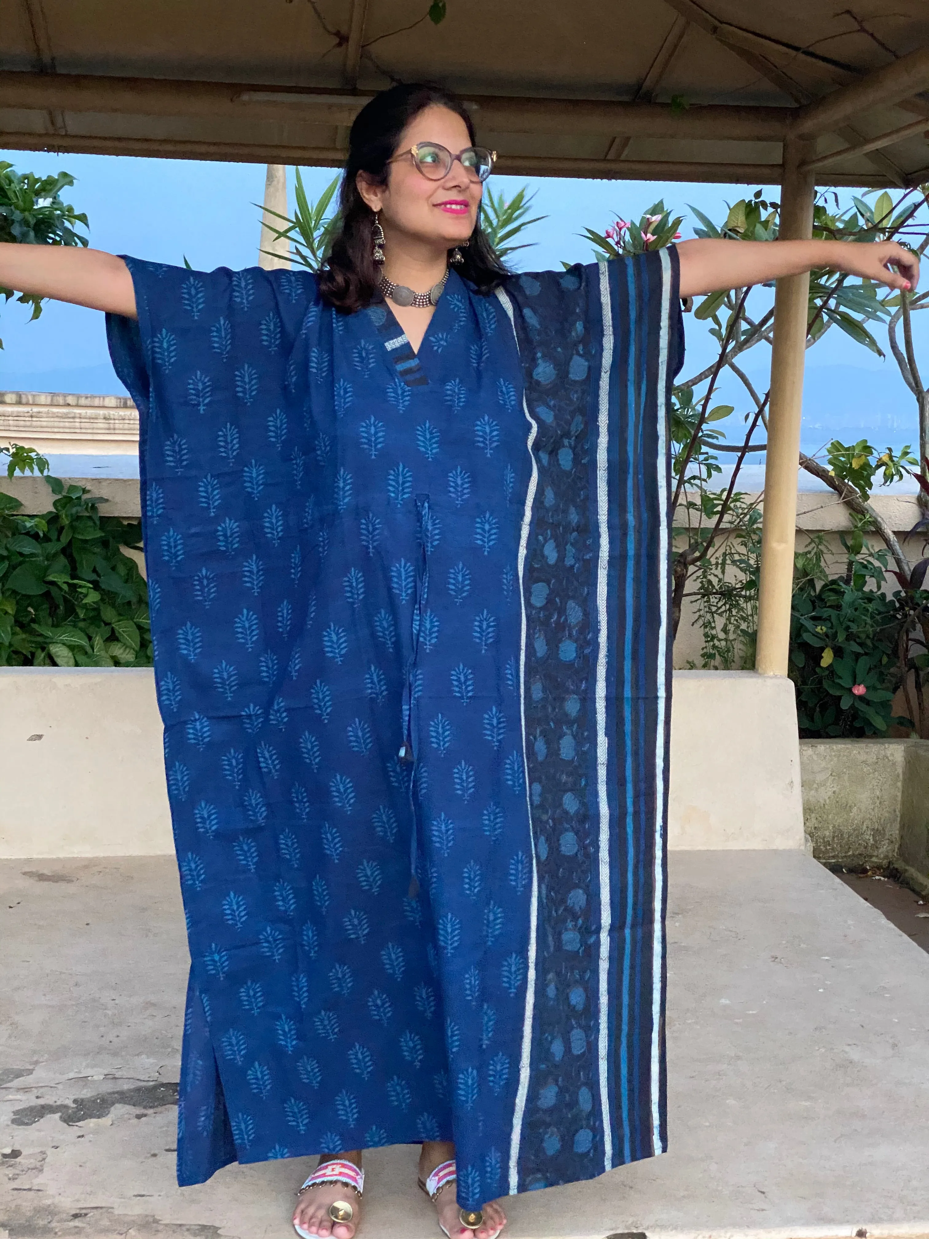 Indigo Blue Leafy Bordered Hand Block Printed Caftan with V-Neck, Cinched Waist and Available in both Knee and Ankle Length