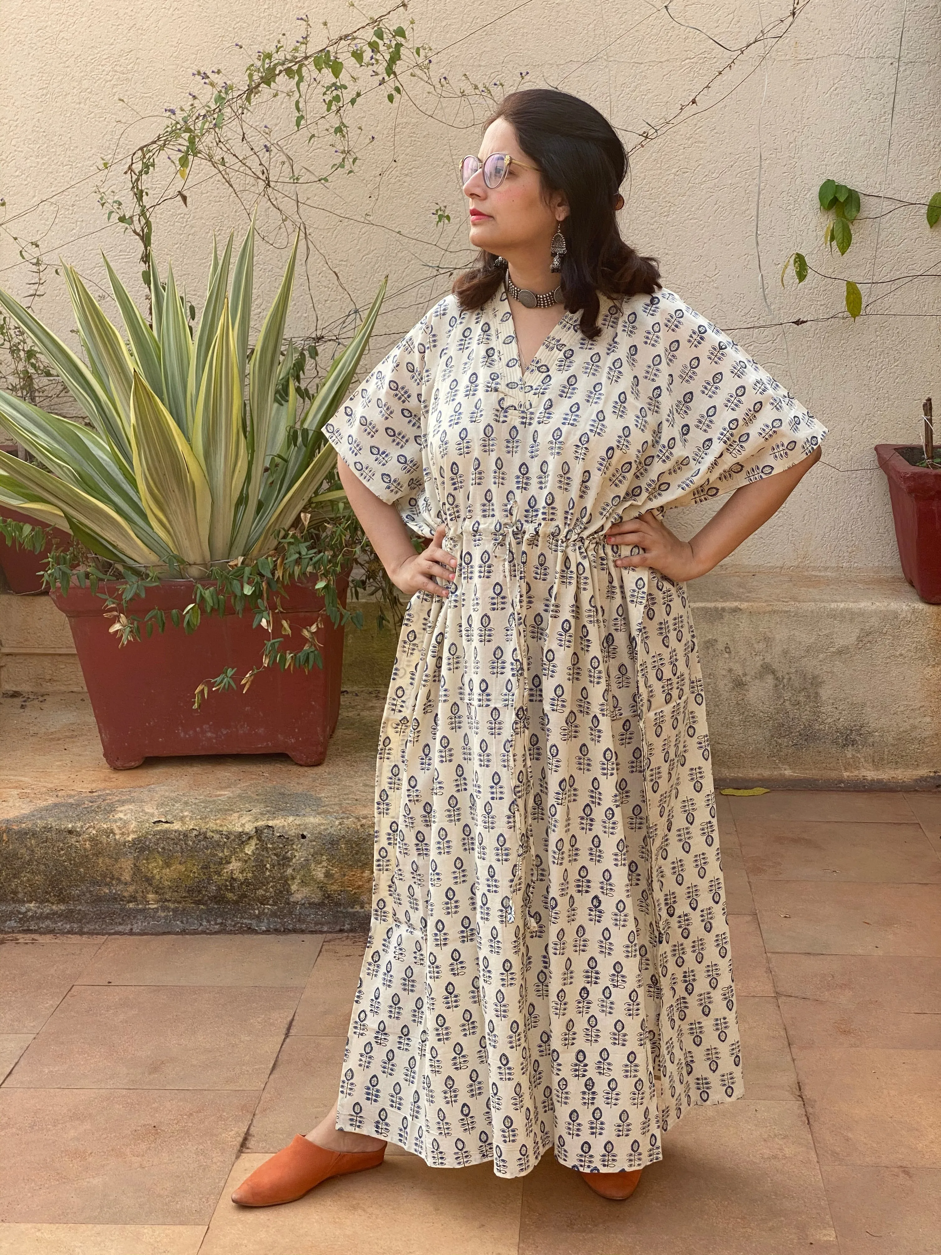 Ivory Blue leafy Motif Hand-Blocked Caftan with V-Neck, Cinched Waist and Available in both Knee and Ankle Length