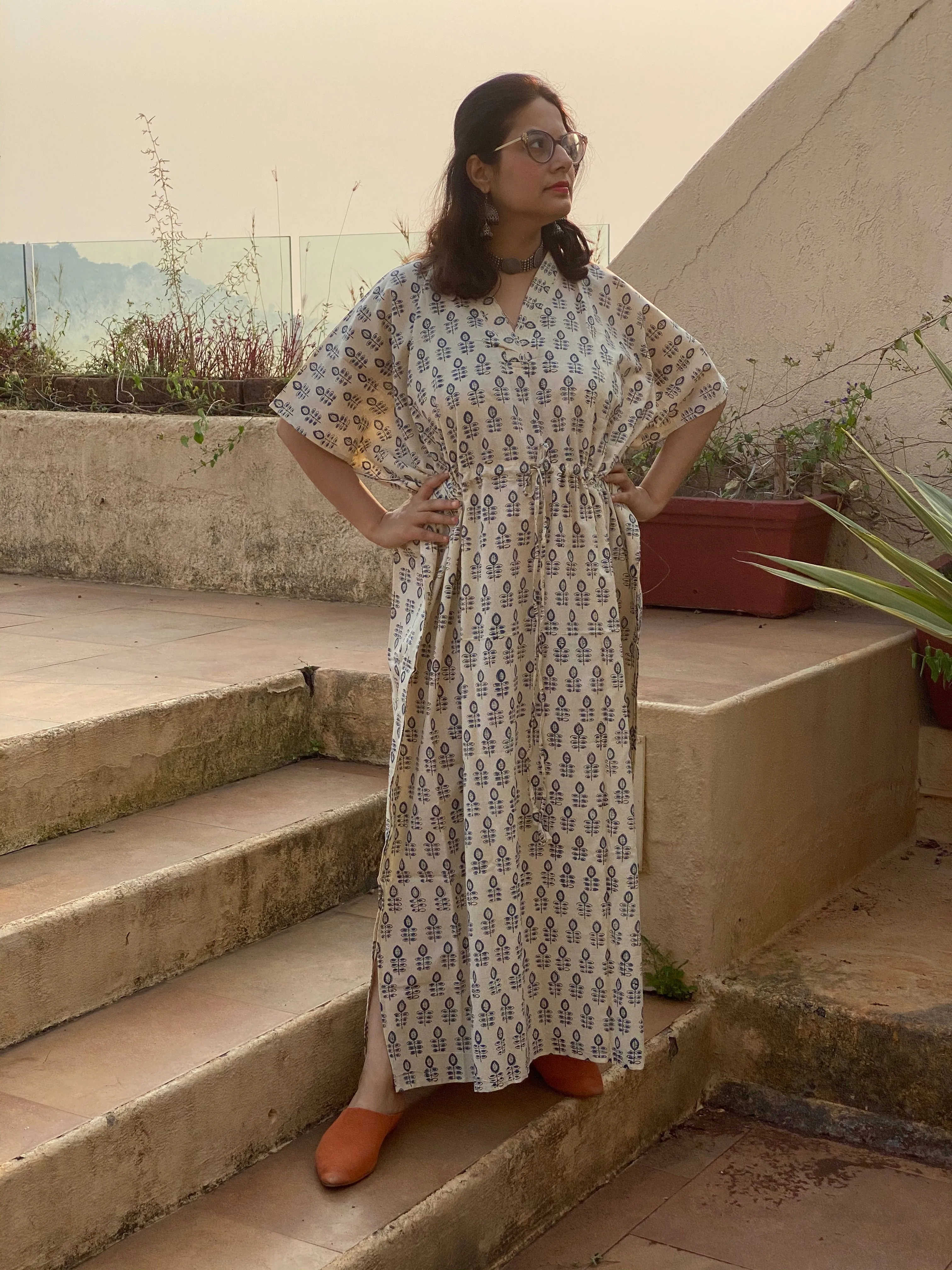 Ivory Blue leafy Motif Hand-Blocked Caftan with V-Neck, Cinched Waist and Available in both Knee and Ankle Length