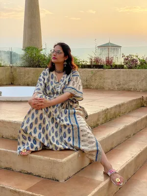 Ivory Blue Paisley Bordered Hand Block Printed Caftan with V-Neck, Cinched Waist and Available in both Knee and Ankle Length