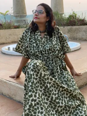 Ivory Green Leafy Motif Hand Block Printed Caftan with V-Neck, Cinched Waist and Available in both Knee and Ankle Length