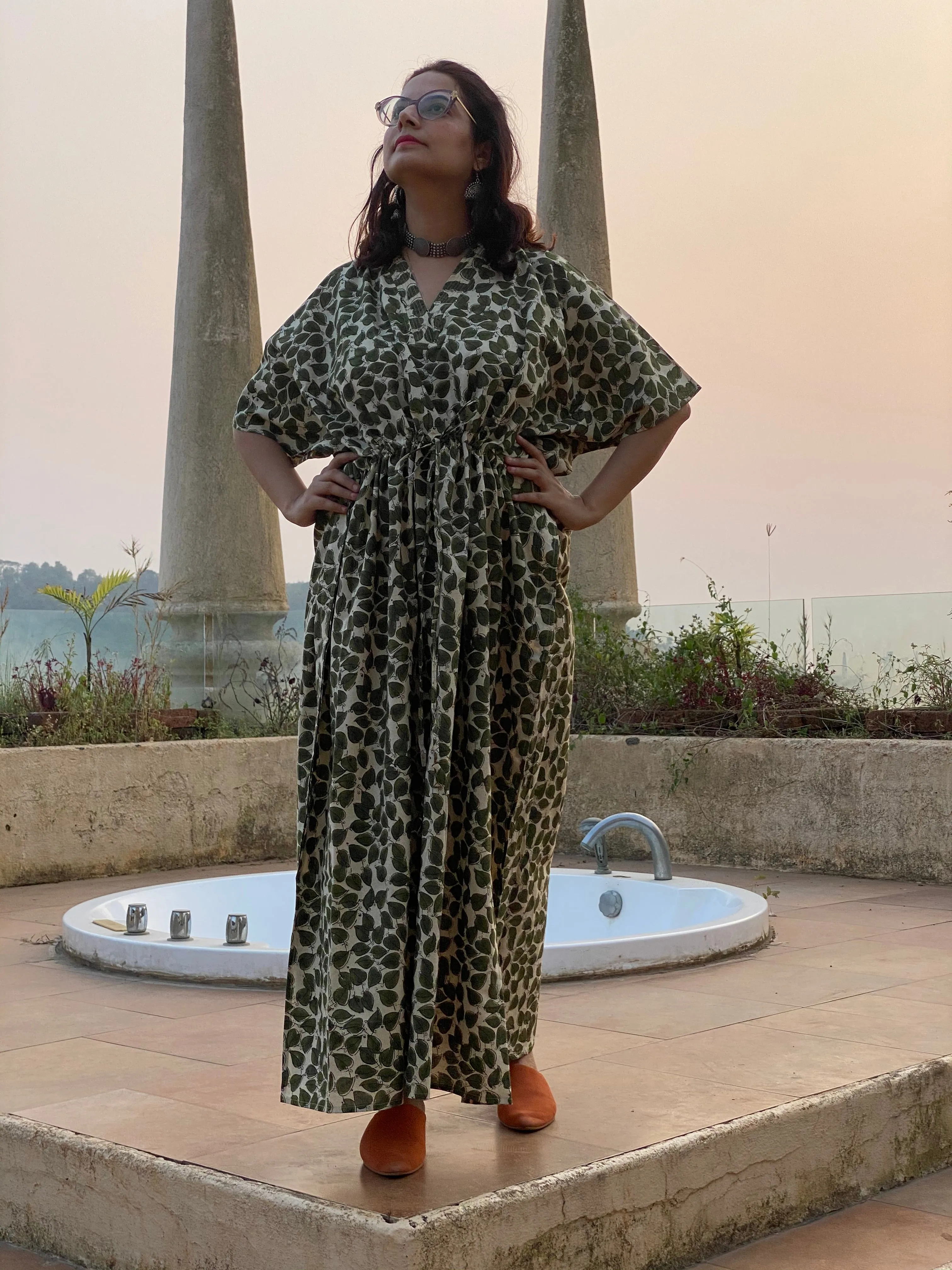 Ivory Green Leafy Motif Hand Block Printed Caftan with V-Neck, Cinched Waist and Available in both Knee and Ankle Length