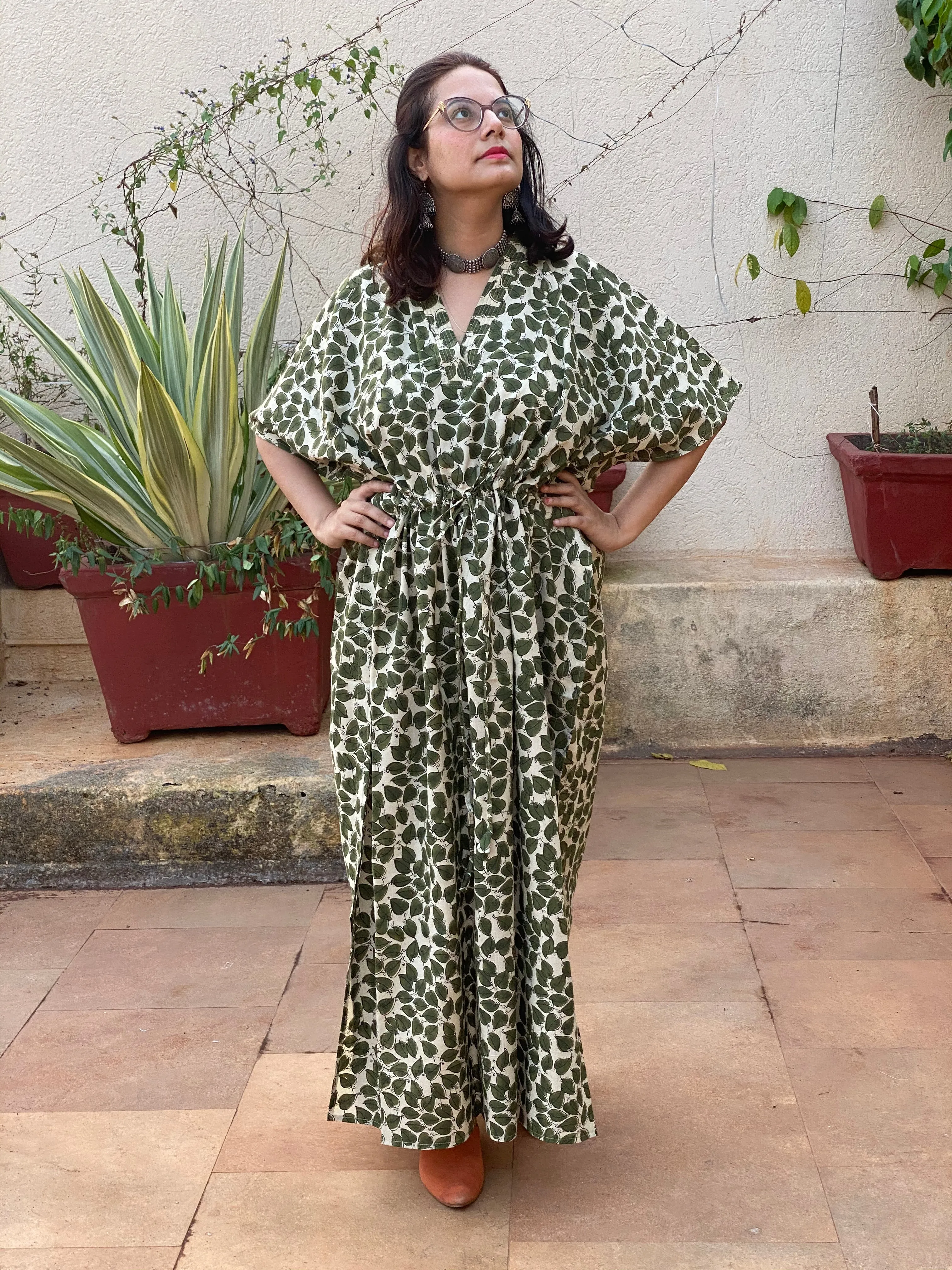 Ivory Green Leafy Motif Hand Block Printed Caftan with V-Neck, Cinched Waist and Available in both Knee and Ankle Length