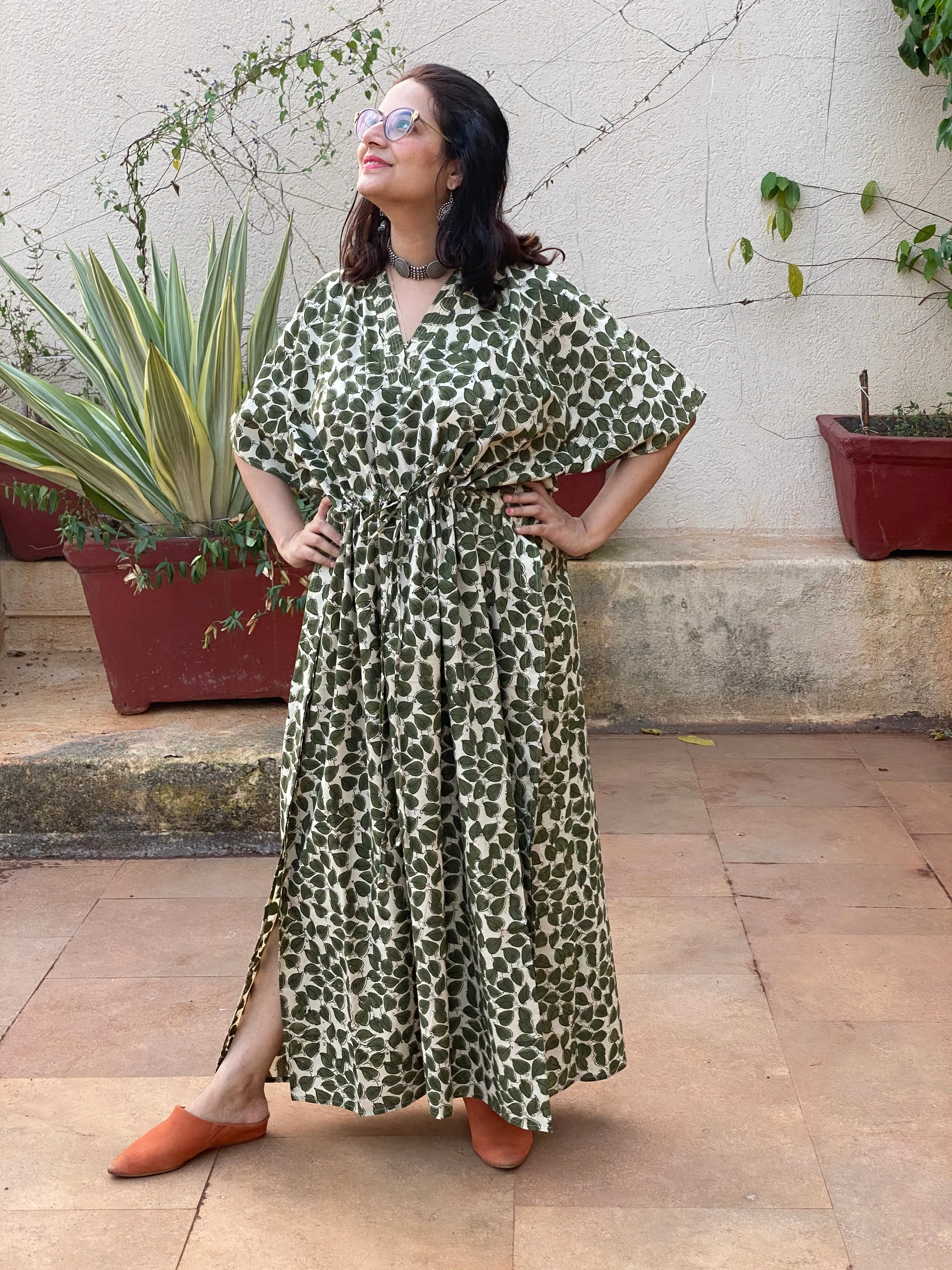Ivory Green Leafy Motif Hand Block Printed Caftan with V-Neck, Cinched Waist and Available in both Knee and Ankle Length