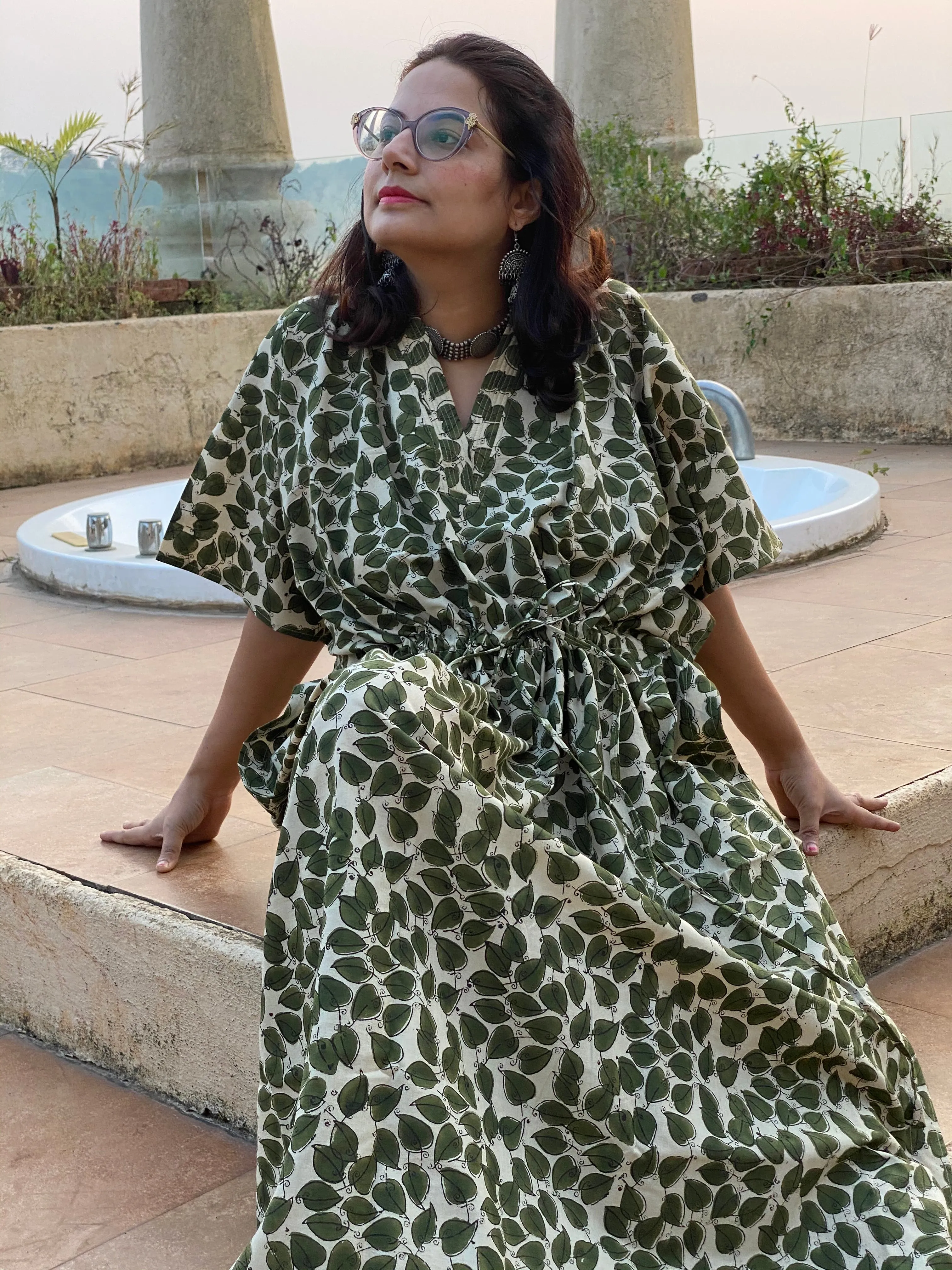 Ivory Green Leafy Motif Hand Block Printed Caftan with V-Neck, Cinched Waist and Available in both Knee and Ankle Length
