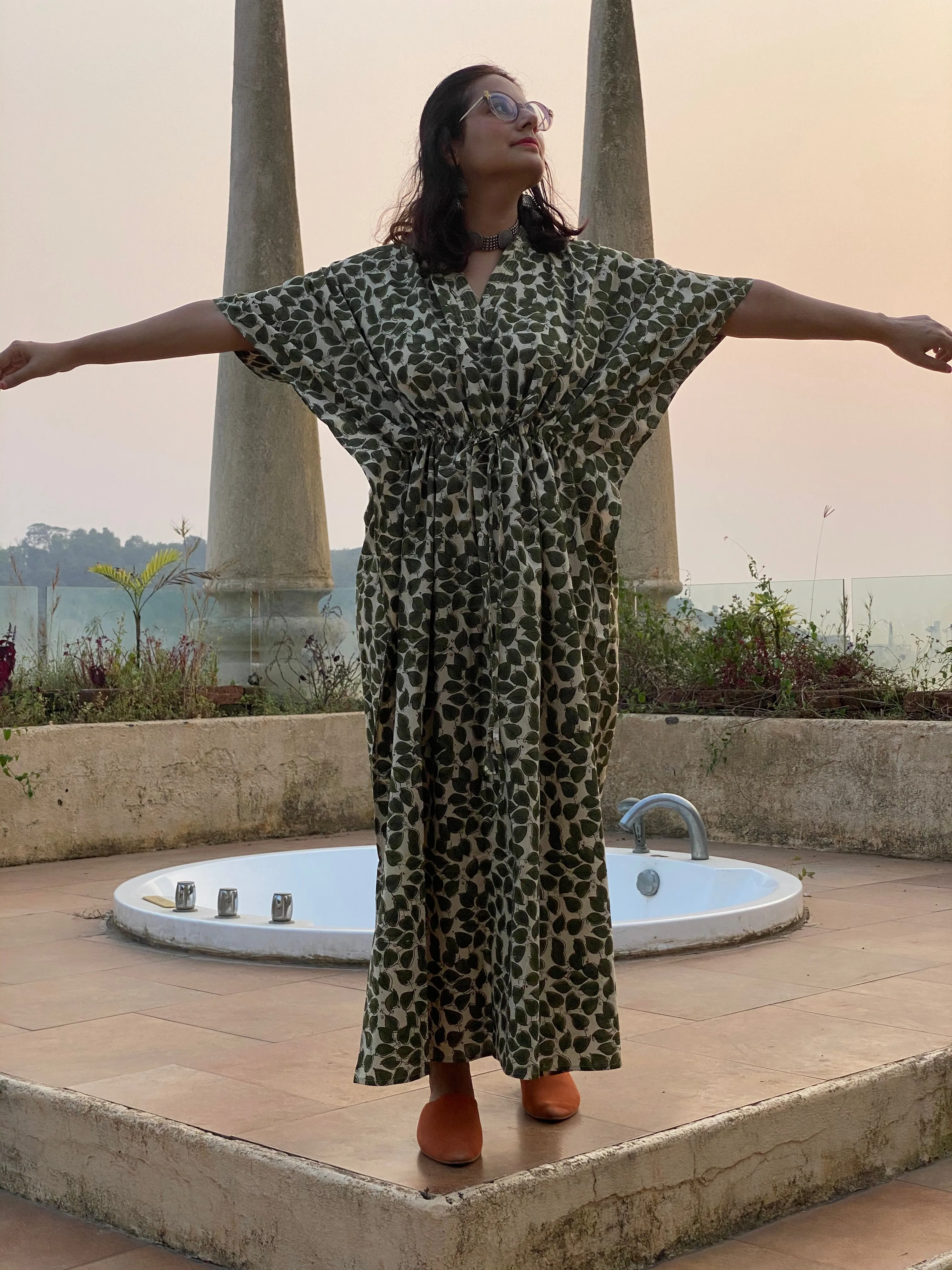 Ivory Green Leafy Motif Hand Block Printed Caftan with V-Neck, Cinched Waist and Available in both Knee and Ankle Length