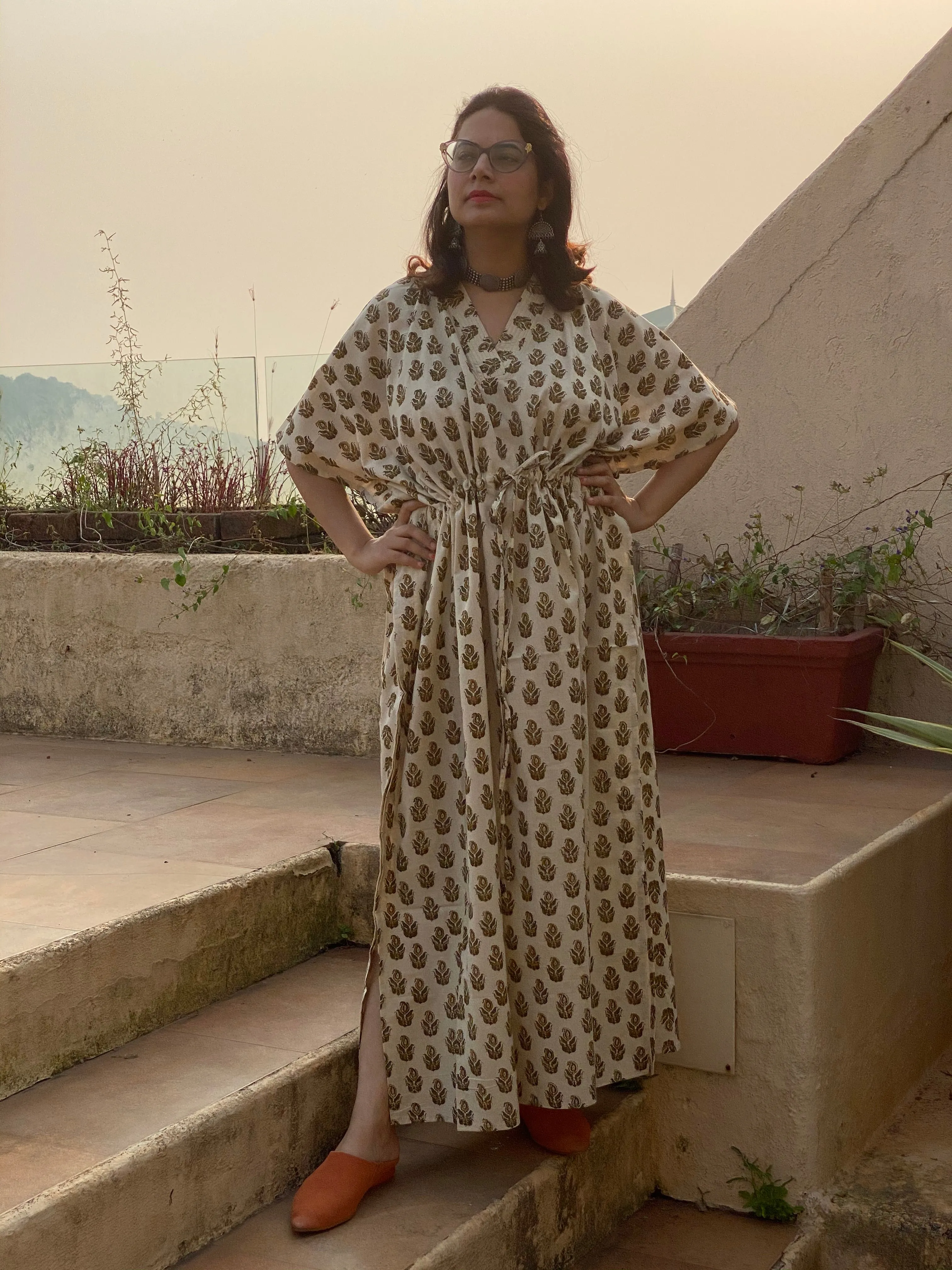Ivory Mustard Paisley Motif Hand Block Printed Caftan with V-Neck, Cinched Waist and Available in both Knee and Ankle Length