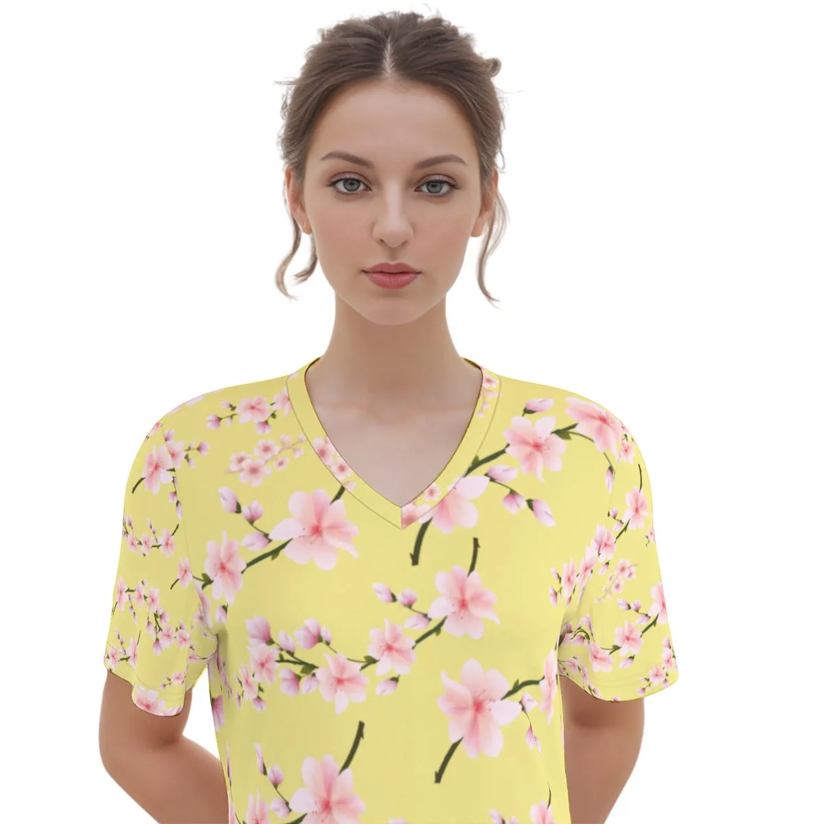 Japanese Pink Flowers Lemon Women's V Neck Dress|180GSM Cotton up to 3 XL