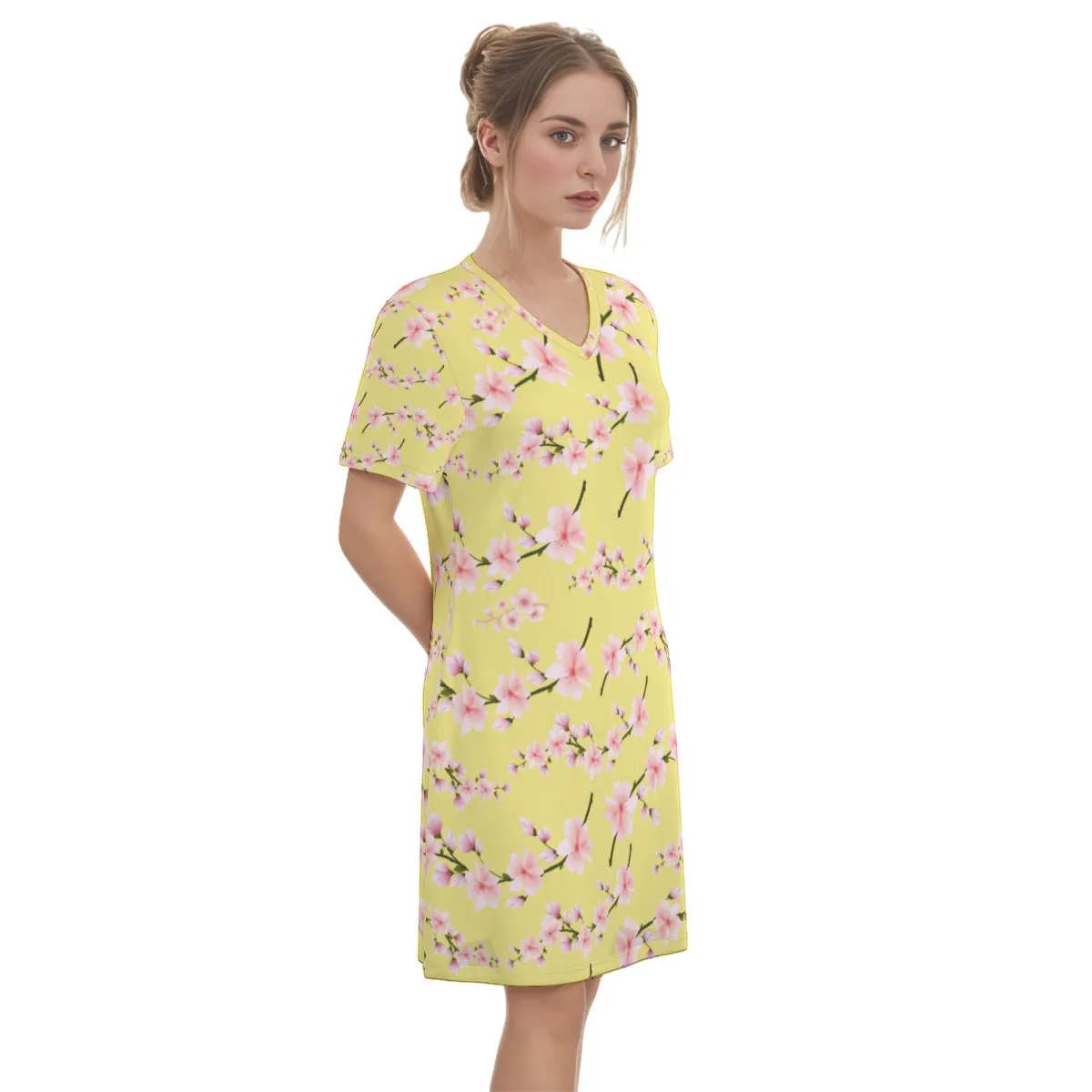 Japanese Pink Flowers Lemon Women's V Neck Dress|180GSM Cotton up to 3 XL