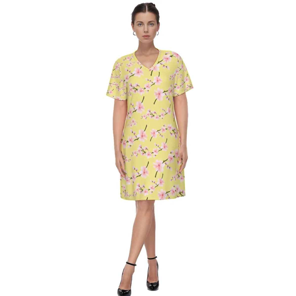 Japanese Pink Flowers Lemon Women's V Neck Dress|180GSM Cotton up to 3 XL