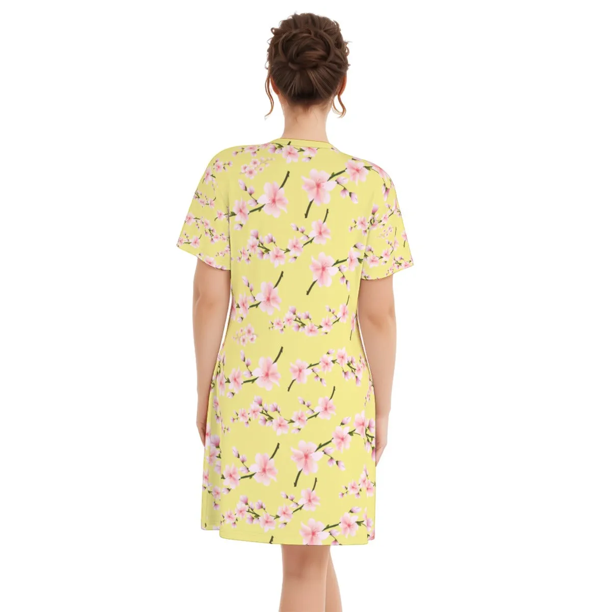 Japanese Pink Flowers Lemon Women's V Neck Dress|180GSM Cotton up to 3 XL