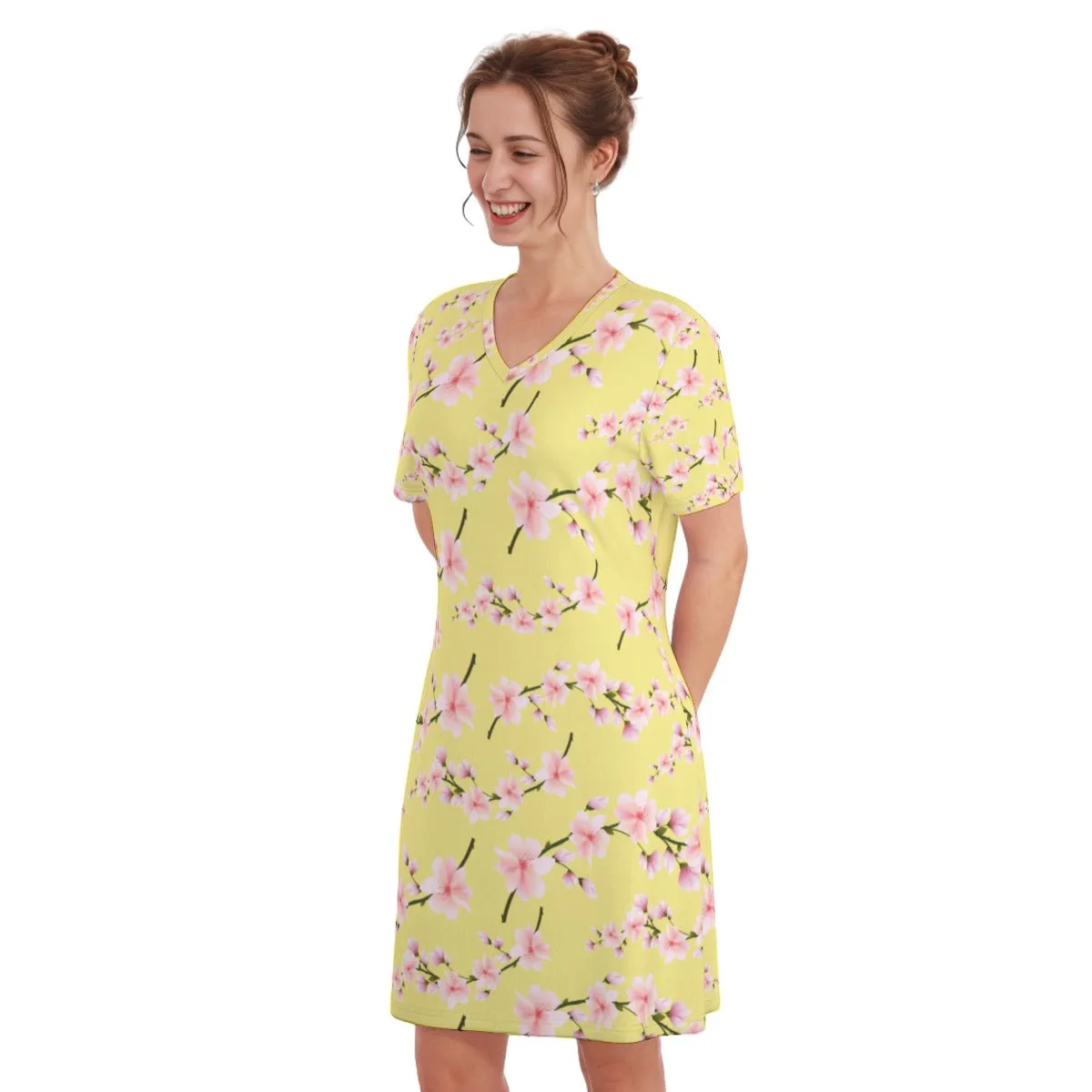 Japanese Pink Flowers Lemon Women's V Neck Dress|180GSM Cotton up to 3 XL