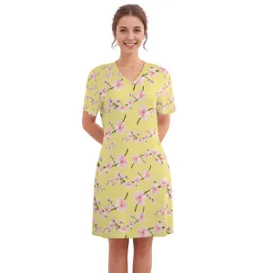 Japanese Pink Flowers Lemon Women's V Neck Dress|180GSM Cotton up to 3 XL