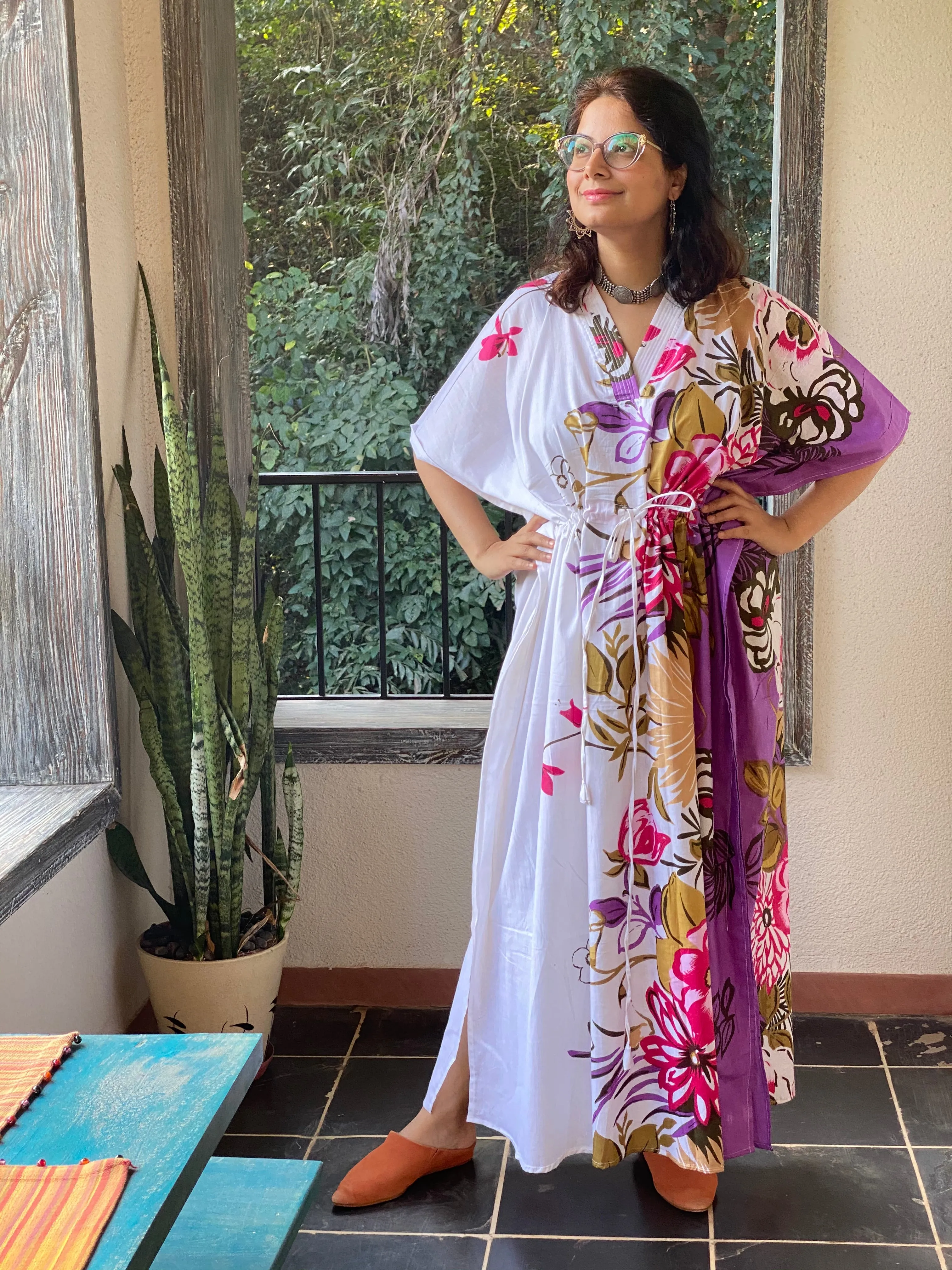 Jungle of Flowers V-Neck, Cinched Waist Ankle Length Caftan