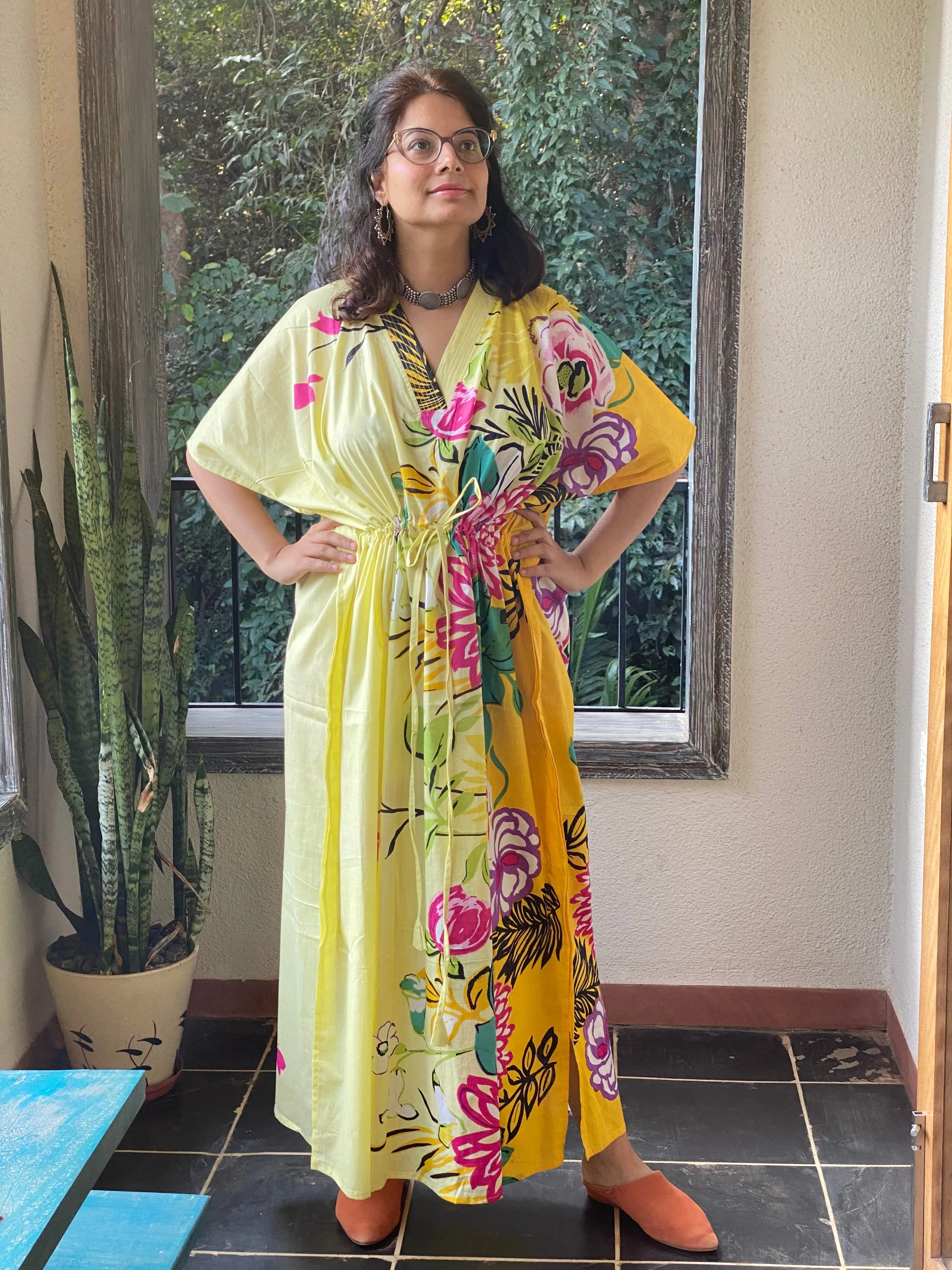 Jungle of Flowers V-Neck, Cinched Waist Ankle Length Kaftan