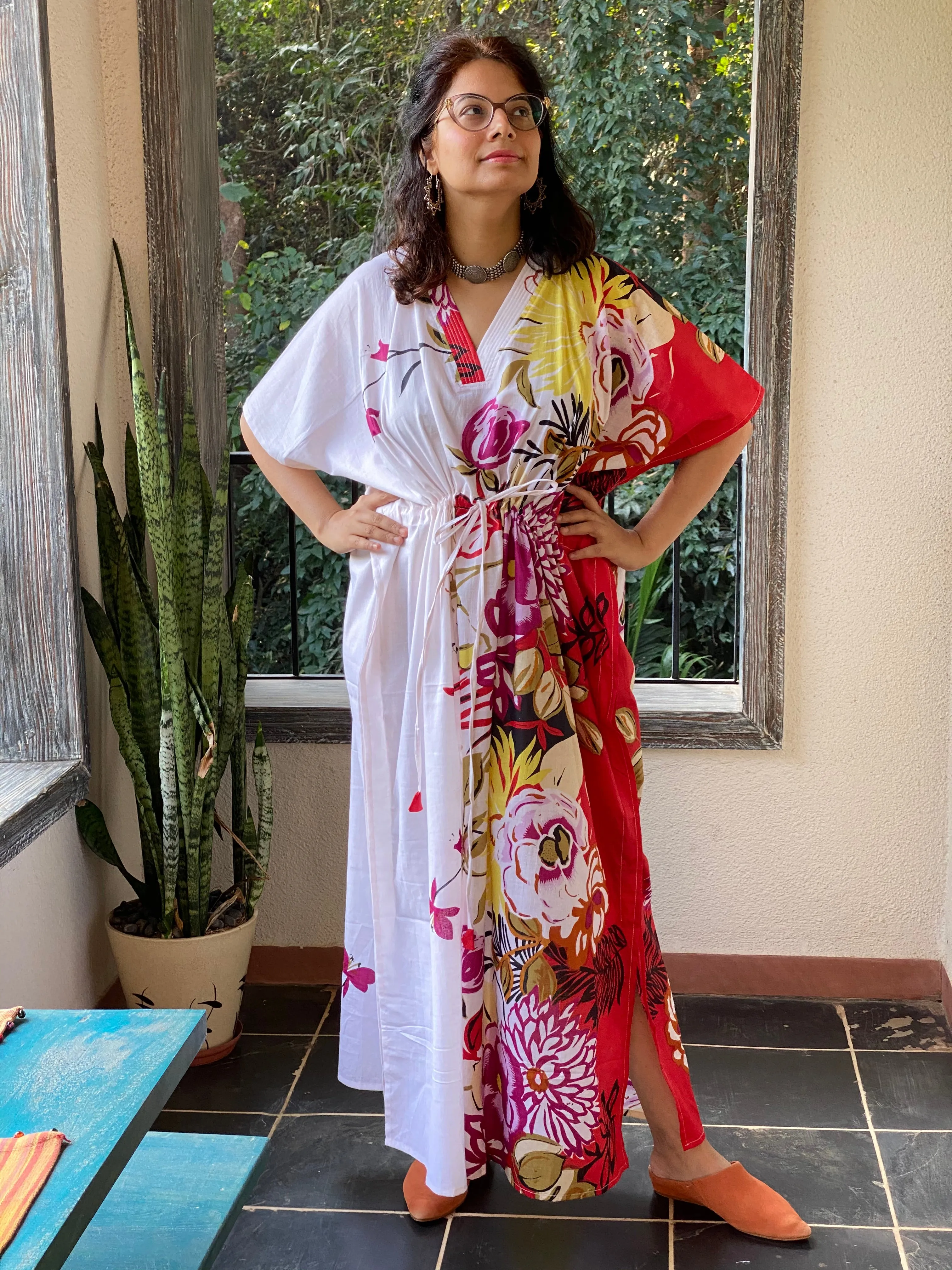 Jungle of Flowers V-Neck, Cinched Waist Ankle Length Kaftan