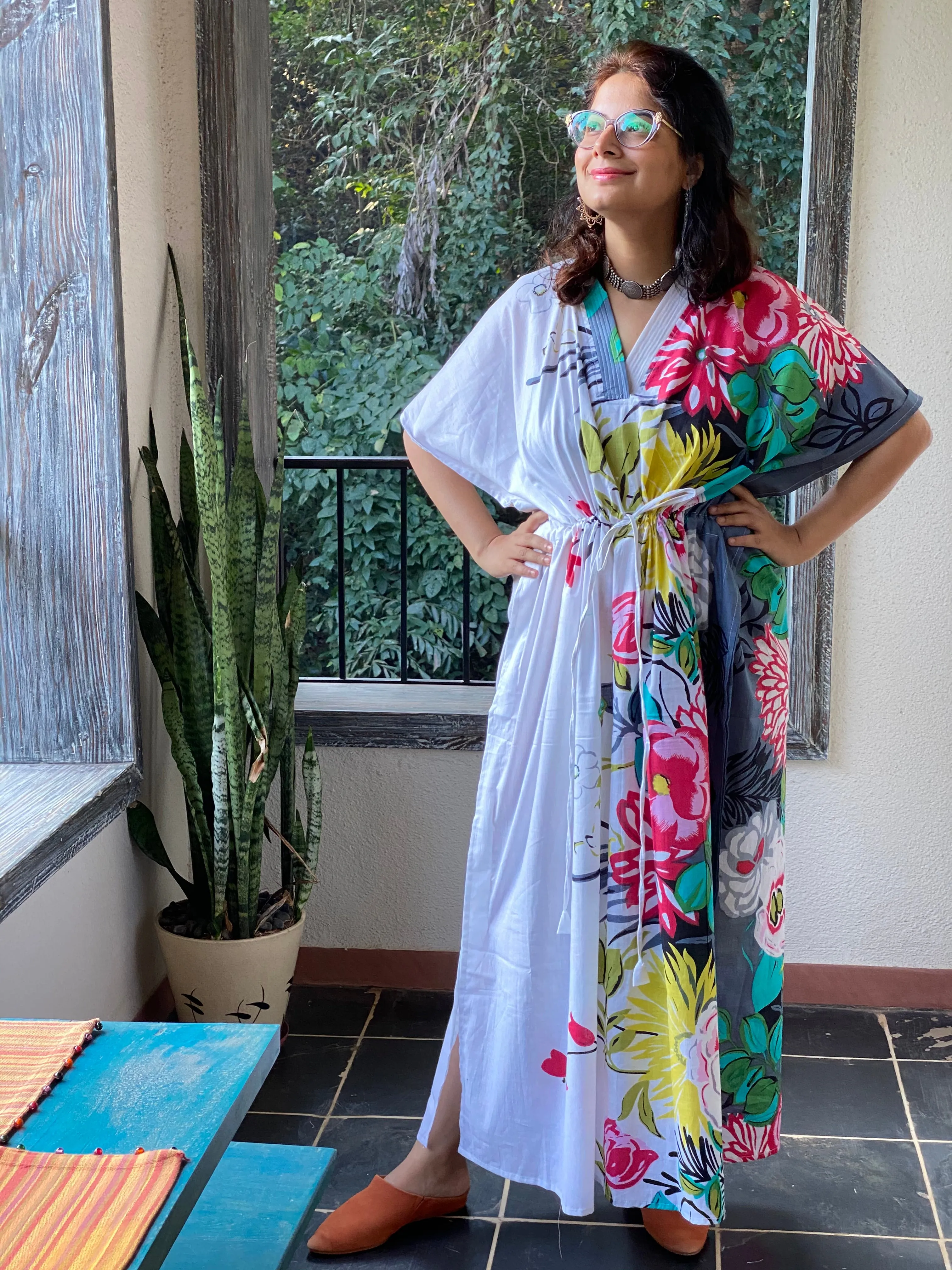 Jungle of Flowers V-Neck, Cinched Waist Ankle Length Kaftan