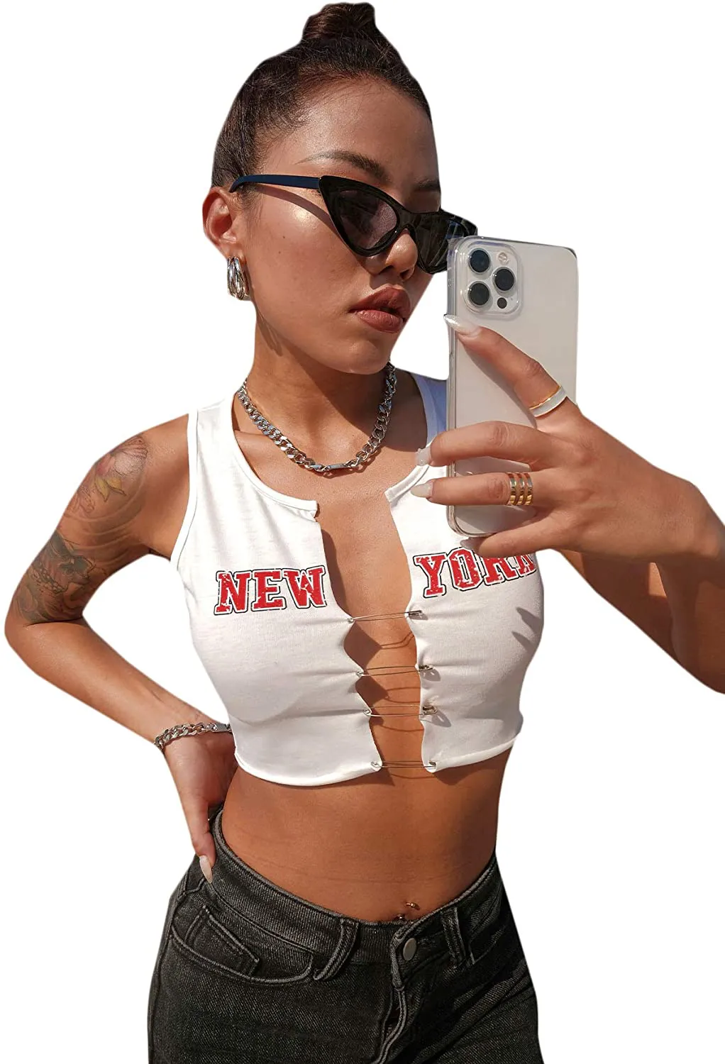 MakeMeChic Women's Casual Lettuce Trim Sleeveless Solid Tank Crop Top