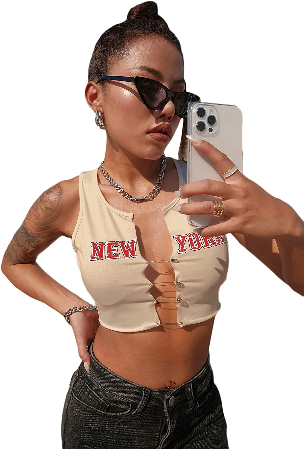 MakeMeChic Women's Casual Lettuce Trim Sleeveless Solid Tank Crop Top